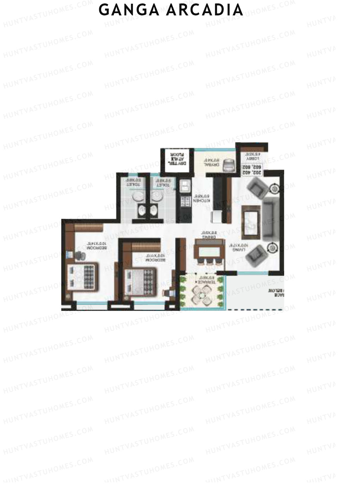 Ganga Arcadia, Tower B, Unit 10, 2BHK, Super Area 1043   sq ft 