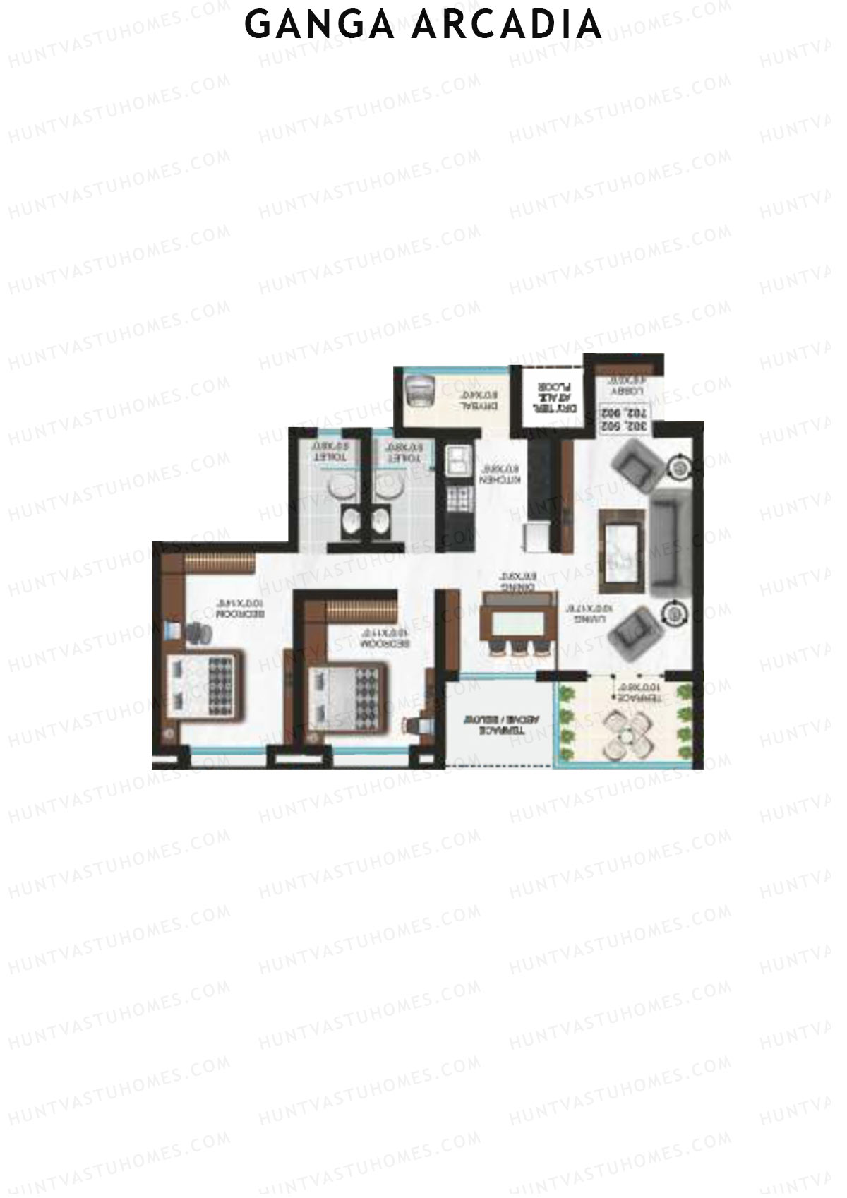 Ganga Arcadia, Tower B, Unit 10, 2BHK, Super Area 1059   sq ft 