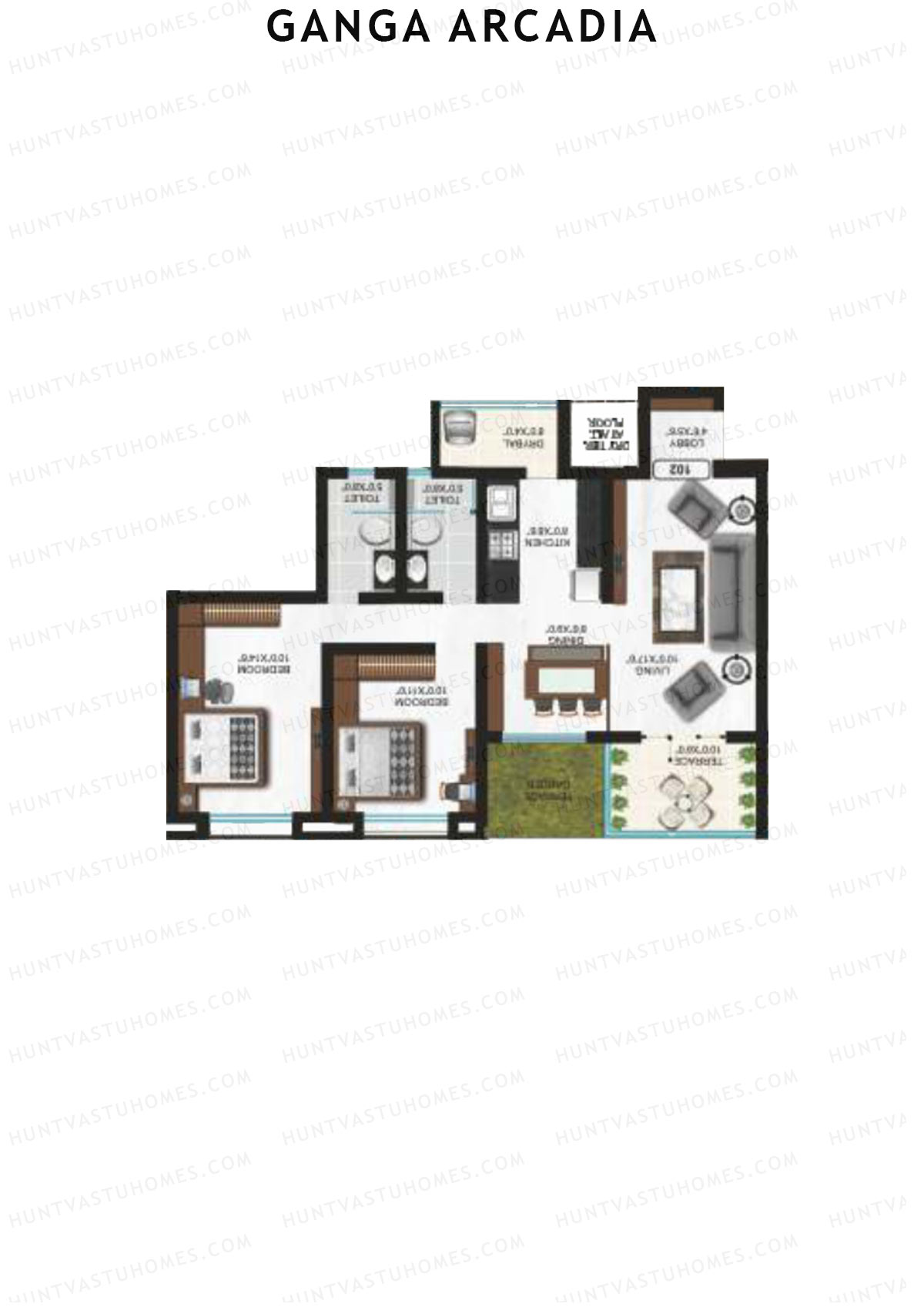 Ganga Arcadia, Tower B, Unit 10, 2BHK, Super Area 1121   sq ft 
