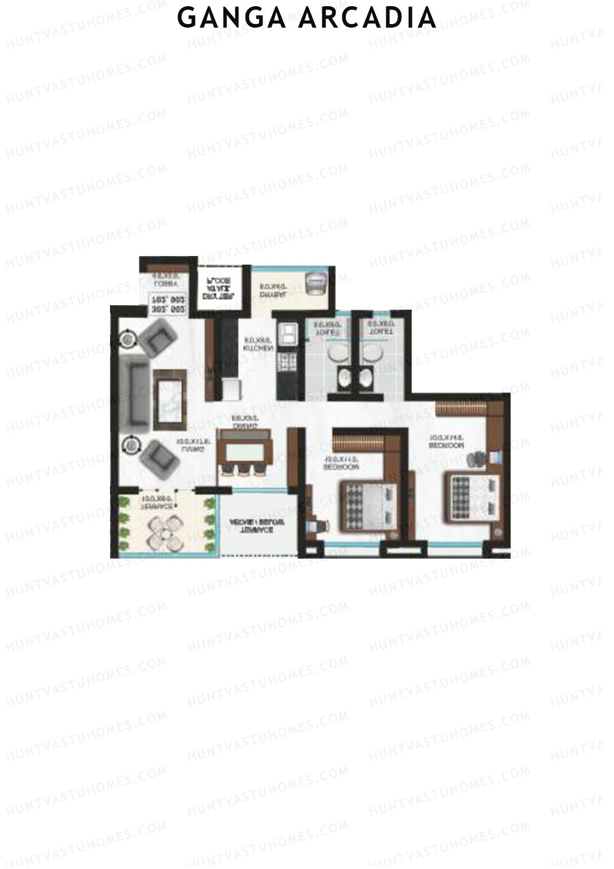 Ganga Arcadia, Tower B, Unit 11, 2BHK, Super Area 1059   sq ft 