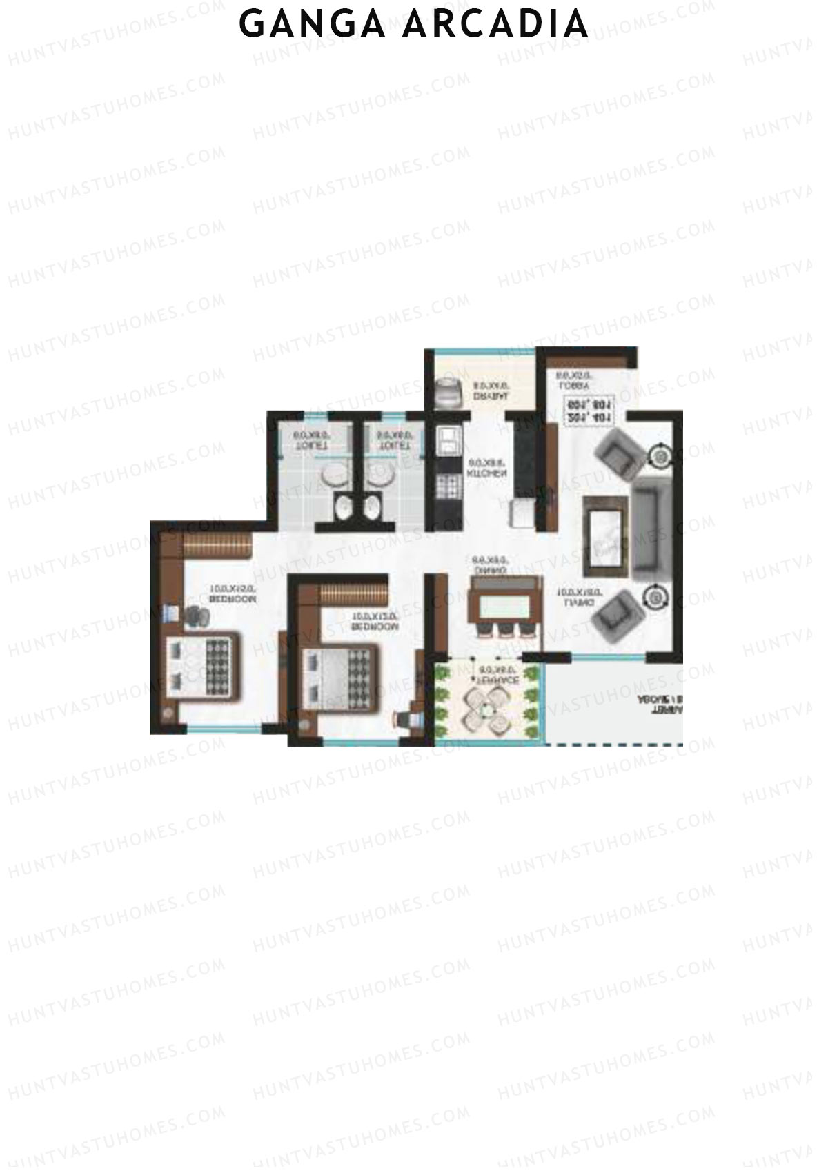 Ganga Arcadia, Tower B, Unit 12, 2BHK, Super Area 1105   sq ft 