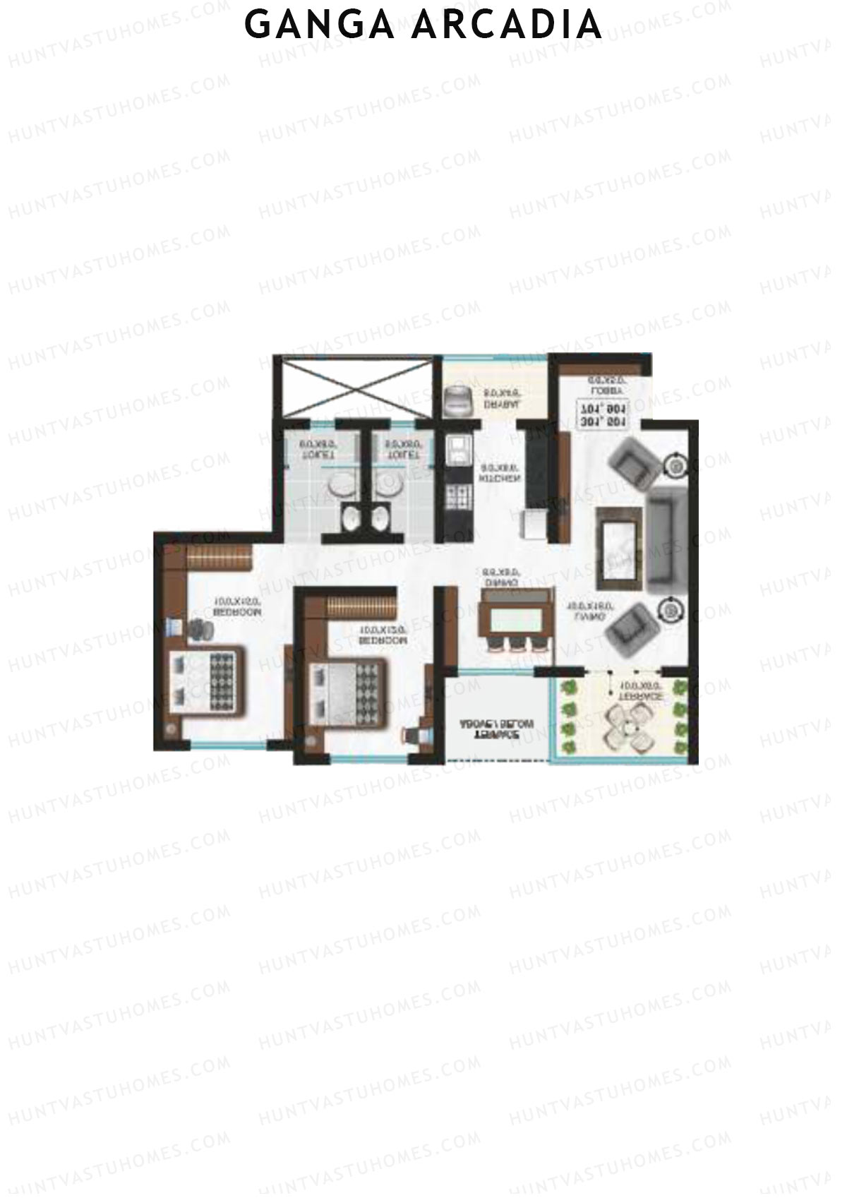 Ganga Arcadia, Tower B, Unit 12, 2BHK, Super Area 1121   sq ft 