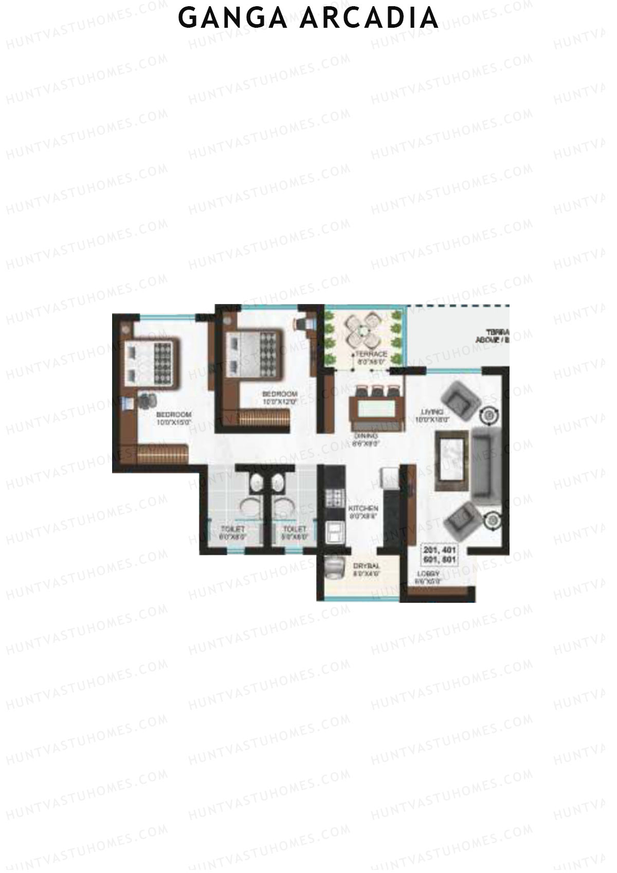 Ganga Arcadia, Tower B, Unit 1, 2BHK, Super Area 1105   sq ft 