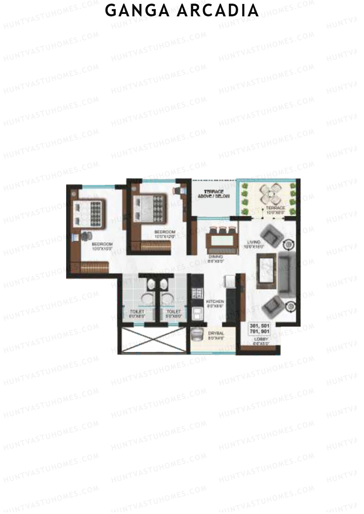 Ganga Arcadia, Tower B, Unit 1, 2BHK, Super Area 1121   sq ft 
