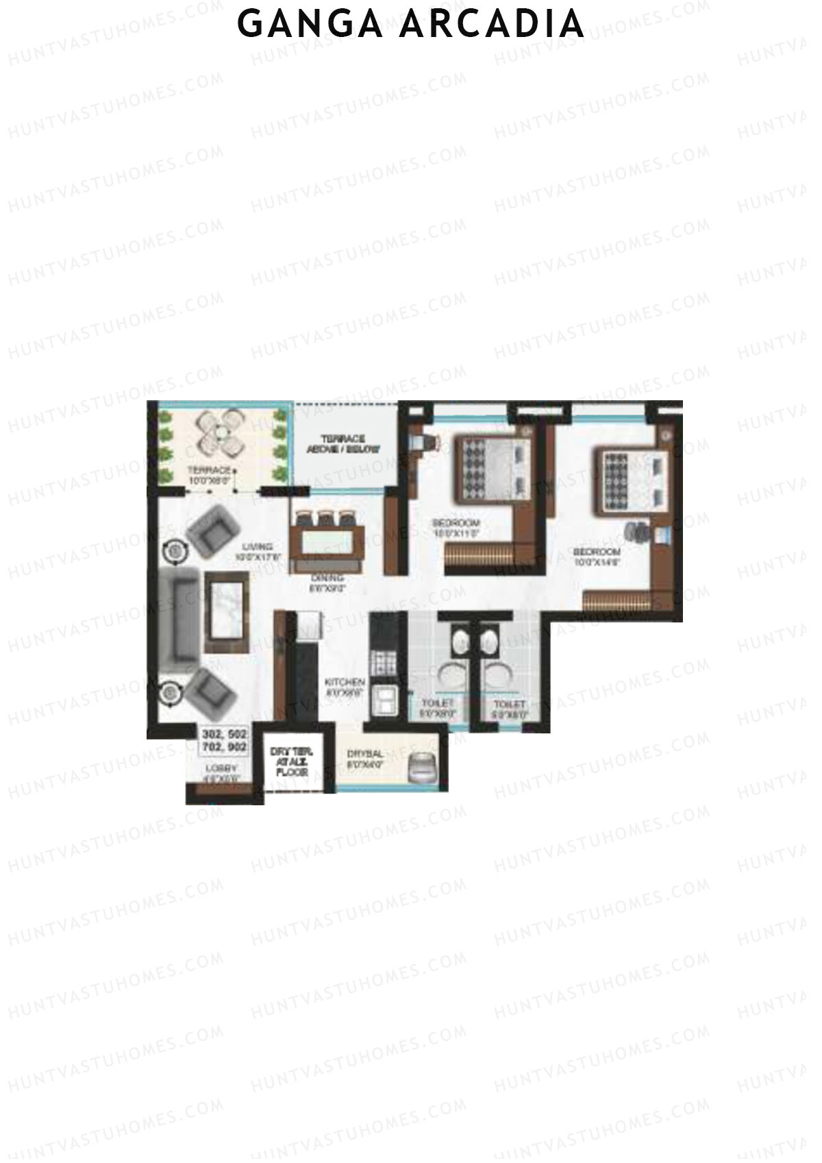 Ganga Arcadia, Tower B, Unit 2, 2BHK, Super Area 1059   sq ft 