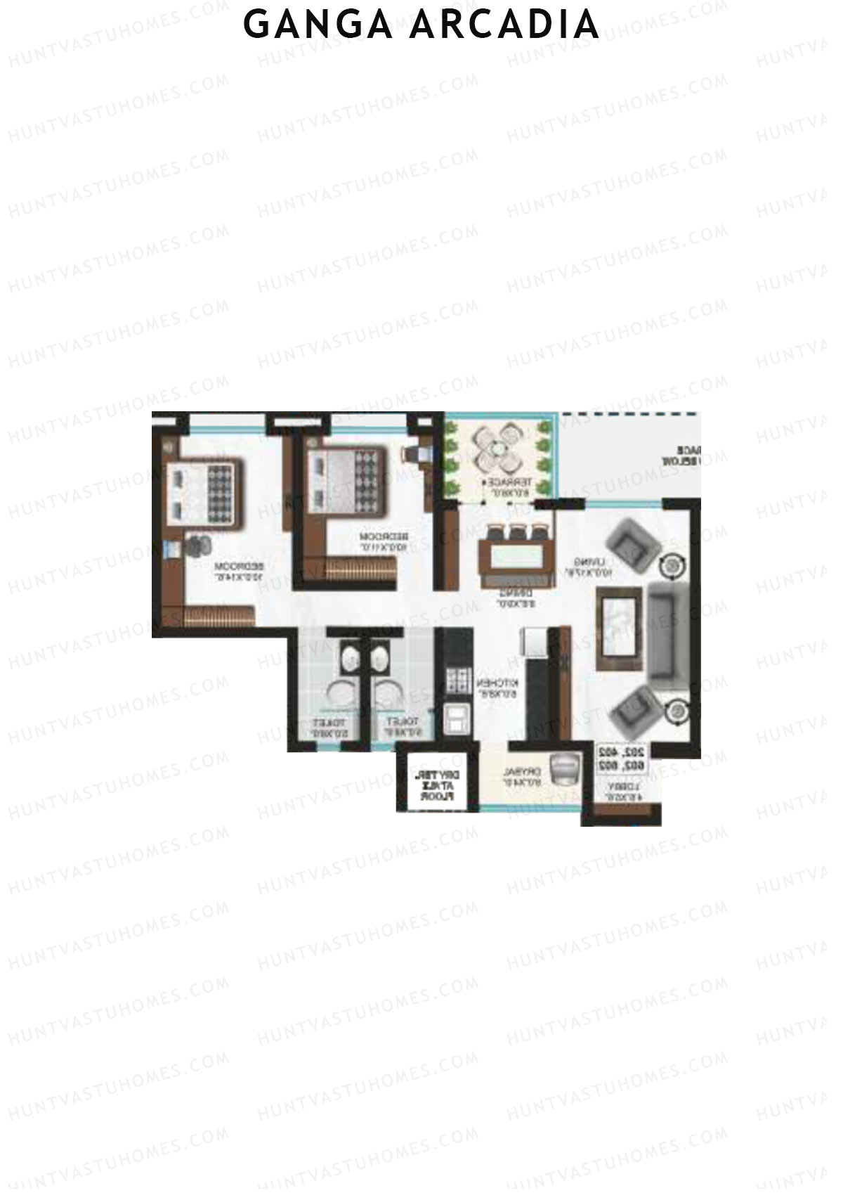Ganga Arcadia, Tower B, Unit 3, 2BHK, Super Area 1043   sq ft 
