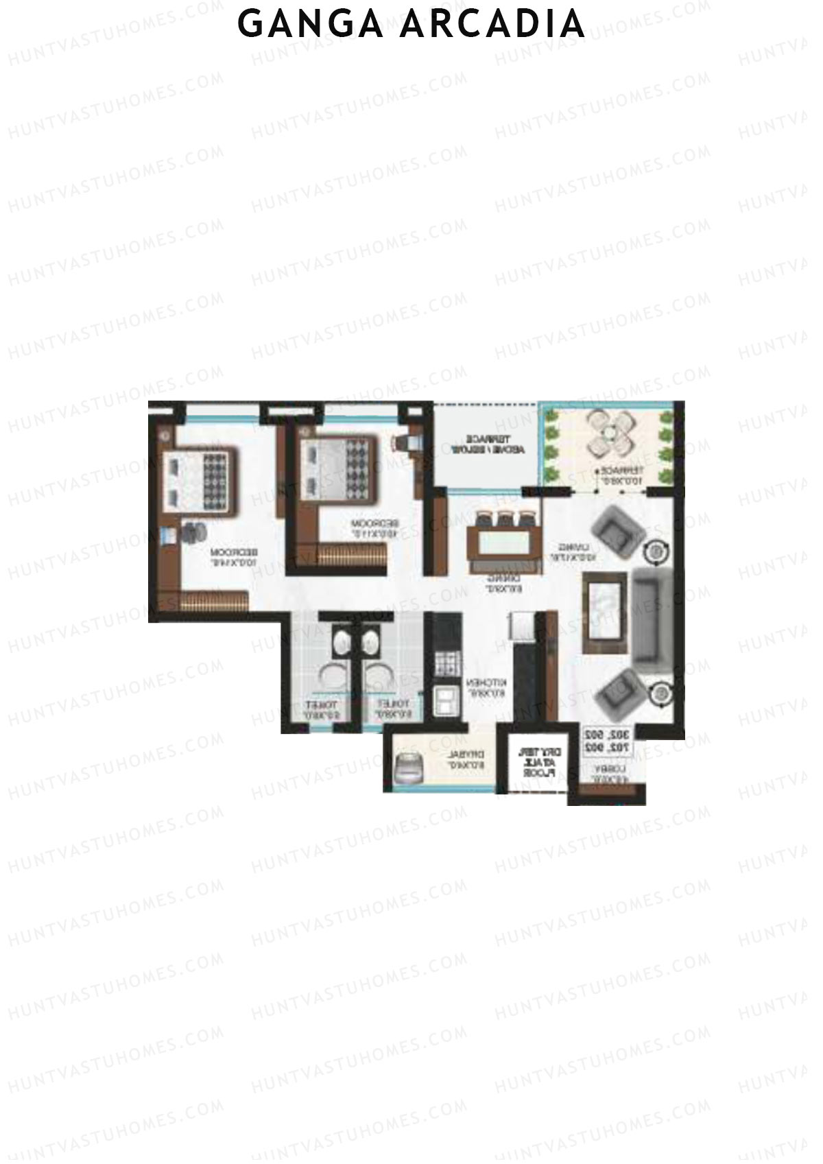 Ganga Arcadia, Tower B, Unit 3, 2BHK, Super Area 1059   sq ft 