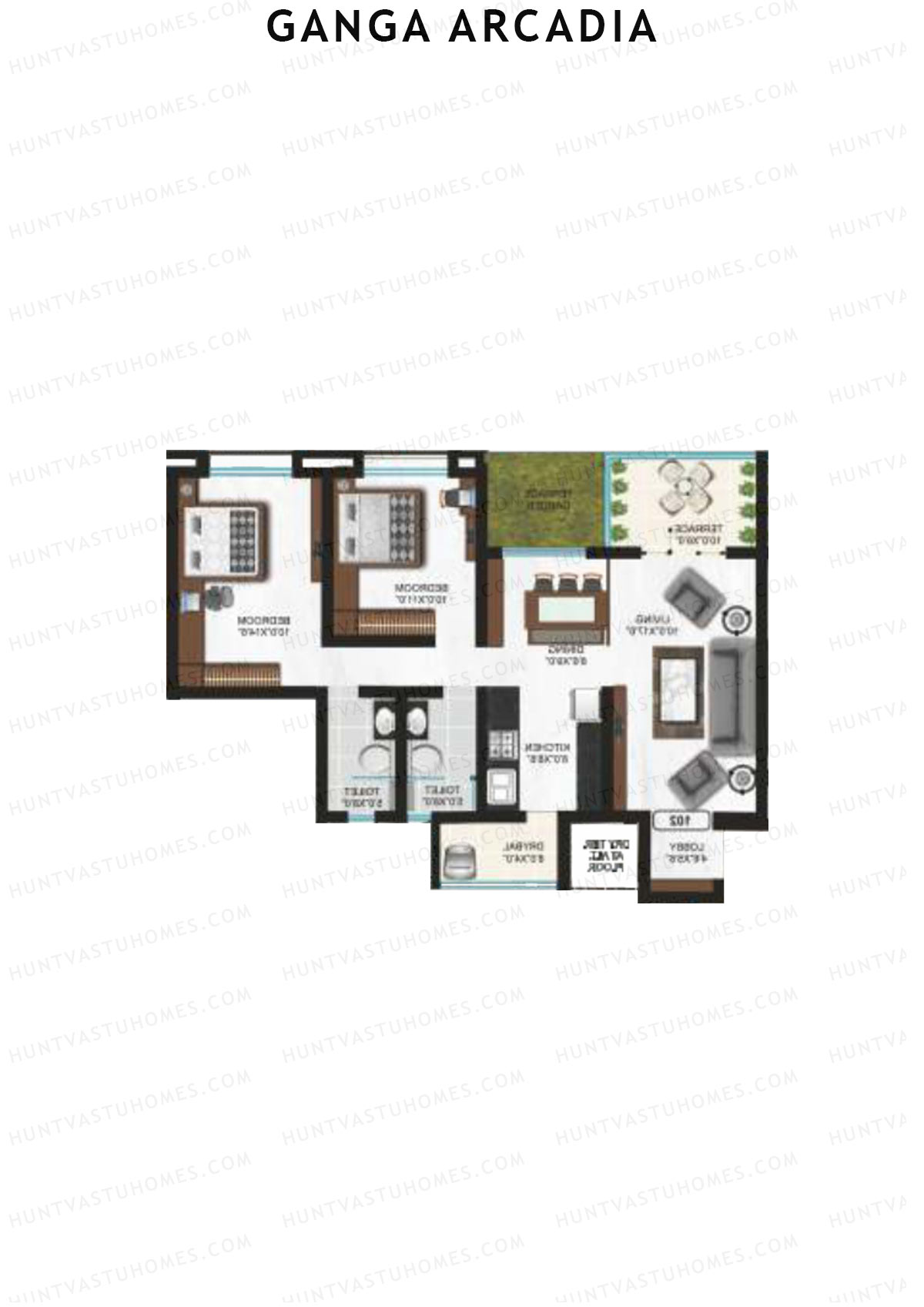 Ganga Arcadia, Tower B, Unit 3, 2BHK, Super Area 1121   sq ft 