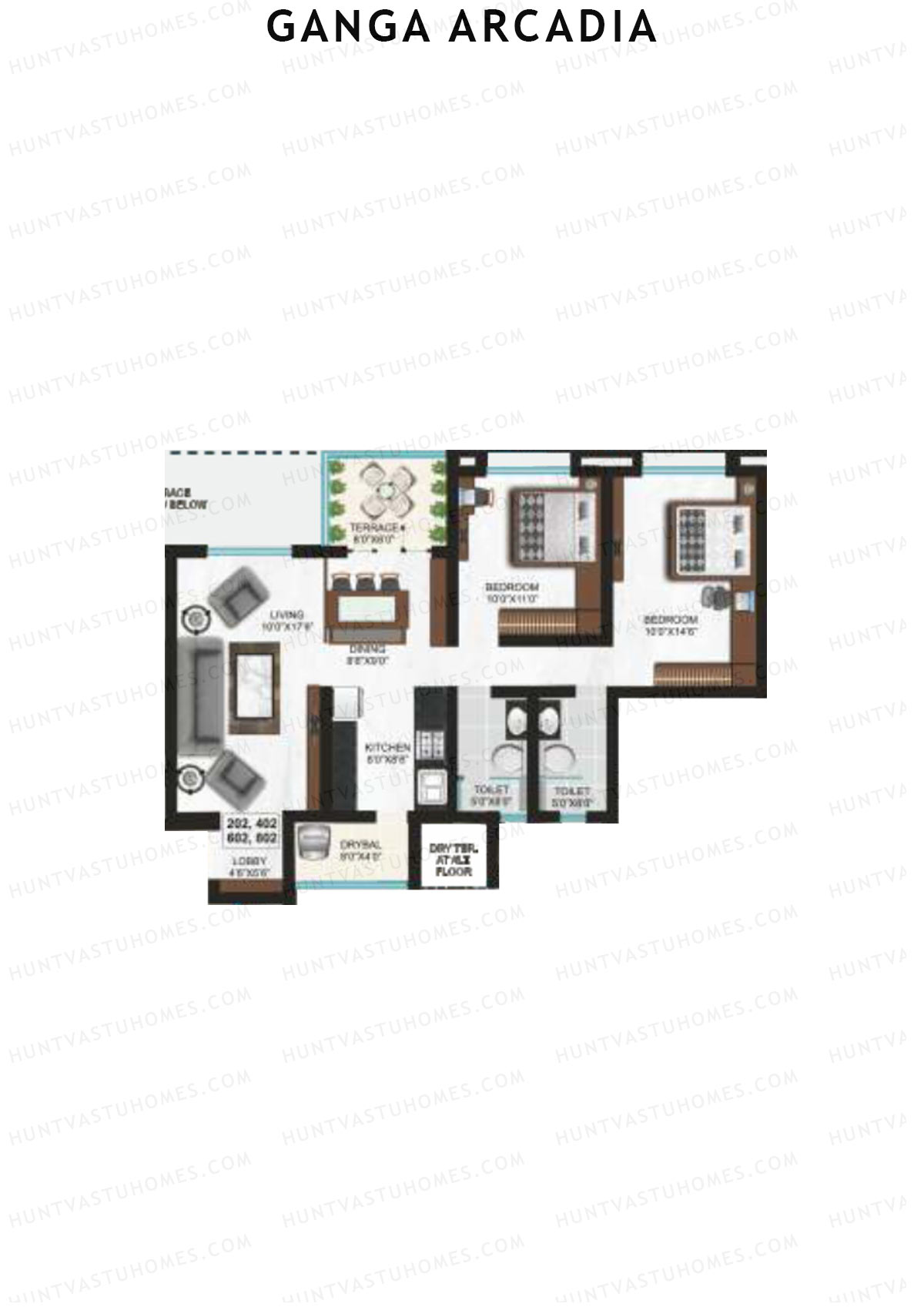 Ganga Arcadia, Tower B, Unit 4, 2BHK, Super Area 1043   sq ft 