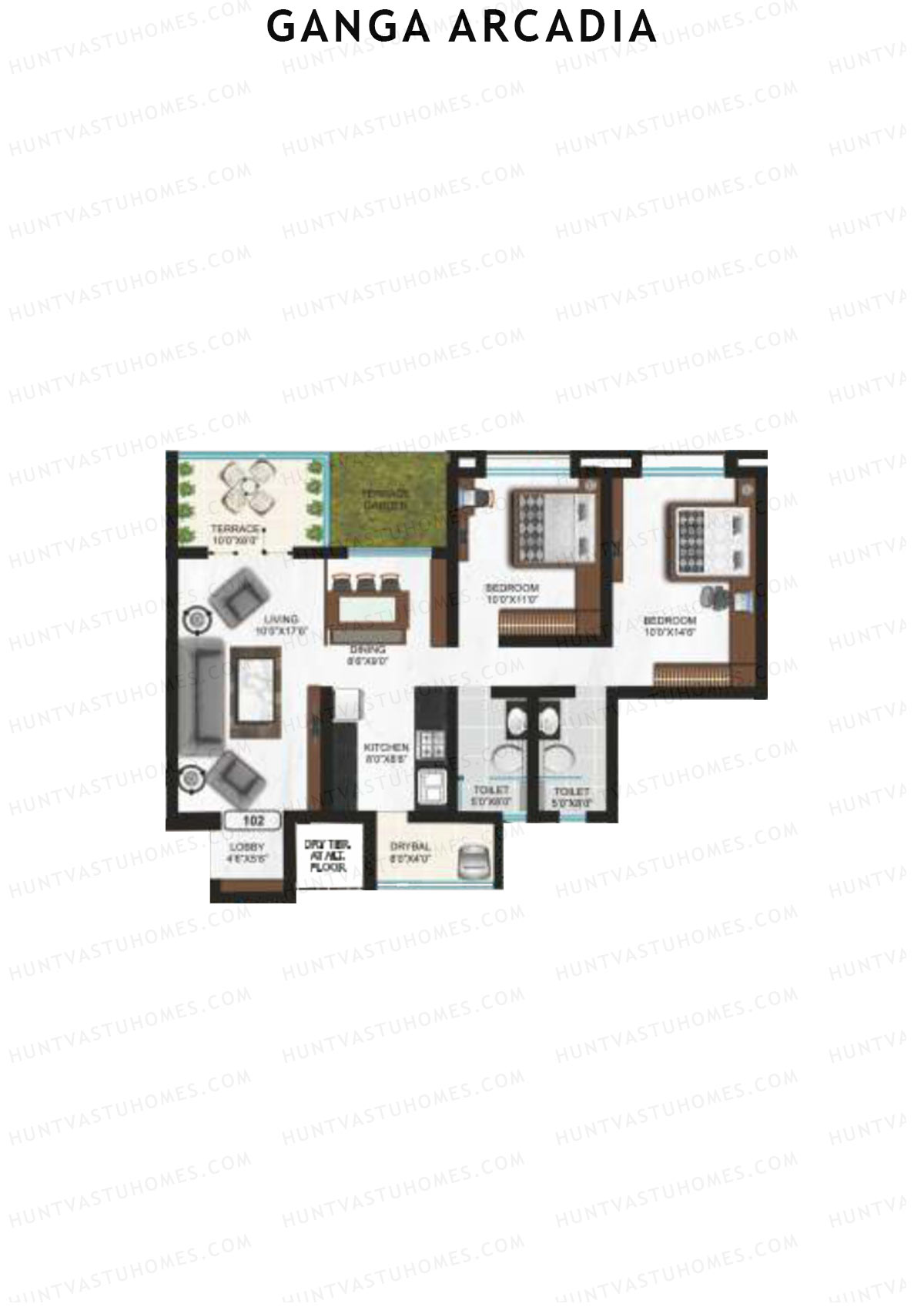 Ganga Arcadia, Tower B, Unit 4, 2BHK, Super Area 1121   sq ft 