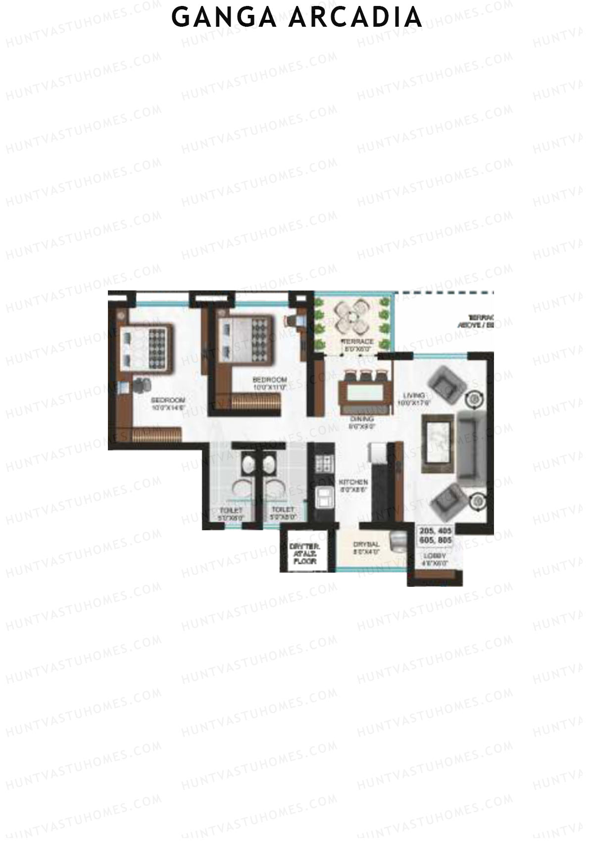Ganga Arcadia, Tower B, Unit 5, 2BHK, Super Area 1047   sq ft 
