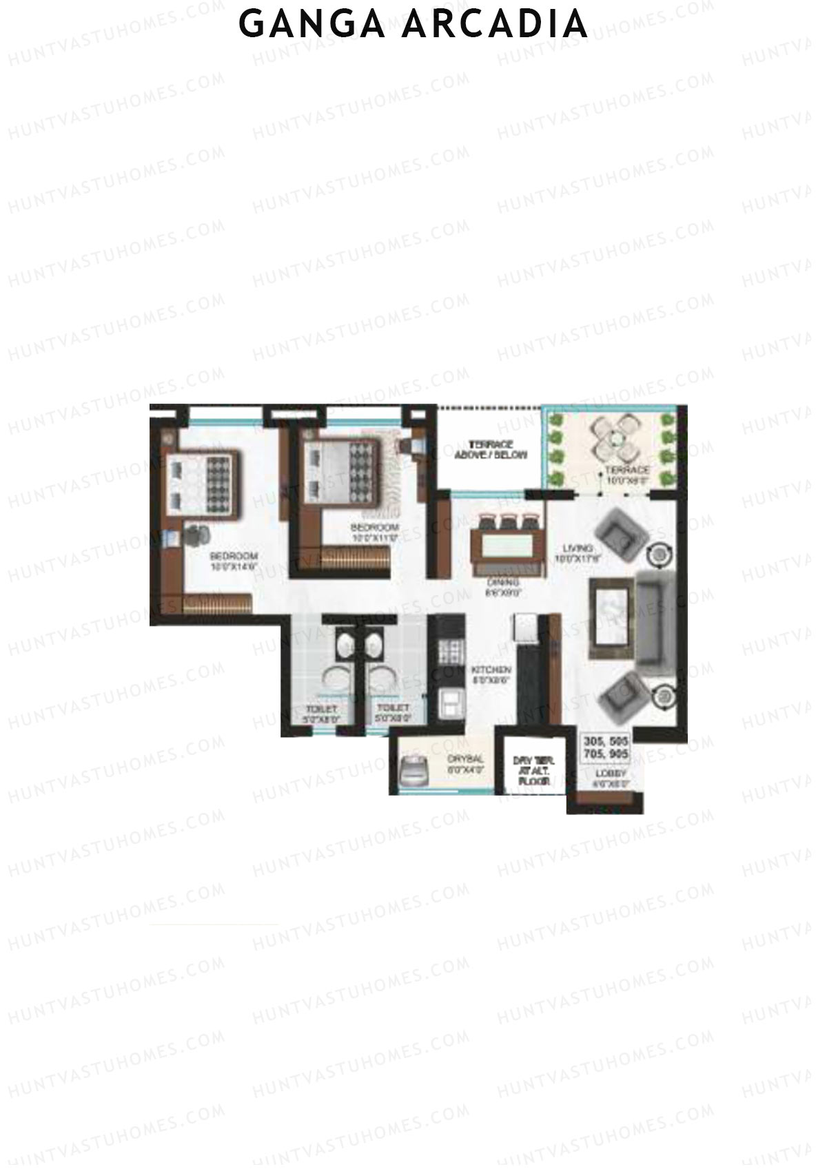 Ganga Arcadia, Tower B, Unit 5, 2BHK, Super Area 1062   sq ft 