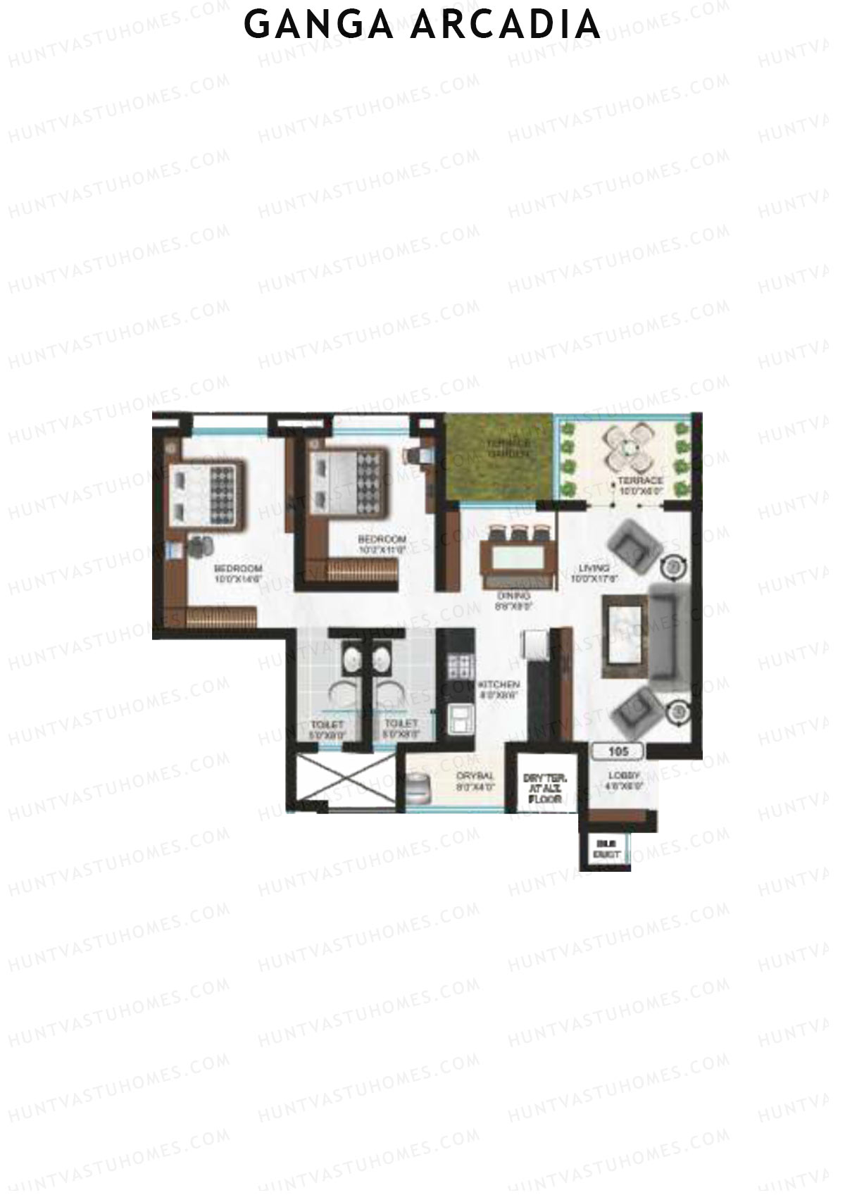 Ganga Arcadia, Tower B, Unit 5, 2BHK, Super Area 1124   sq ft 