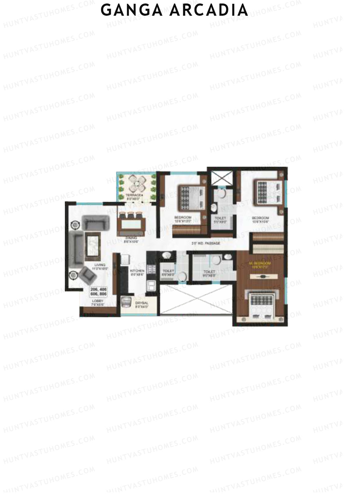 Ganga Arcadia, Tower B, Unit 6, 3BHK, Super Area 1505   sq ft 
