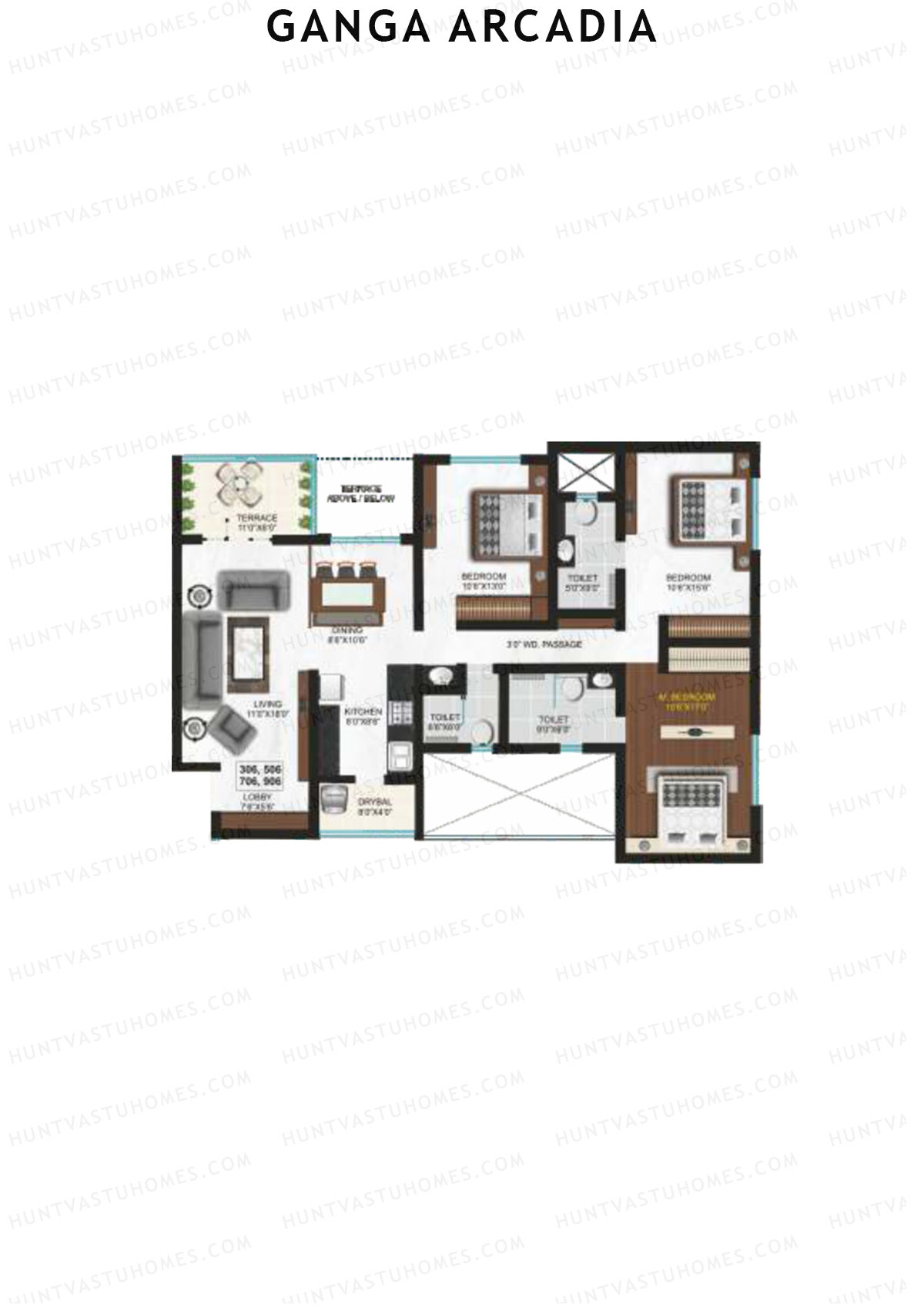 Ganga Arcadia, Tower B, Unit 6, 3BHK, Super Area 1529   sq ft 