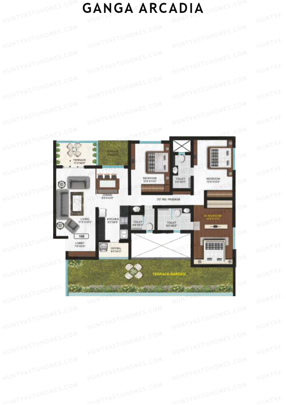 Ganga Arcadia, Tower B, Unit 6, 3BHK, Super Area 2036   sq ft 