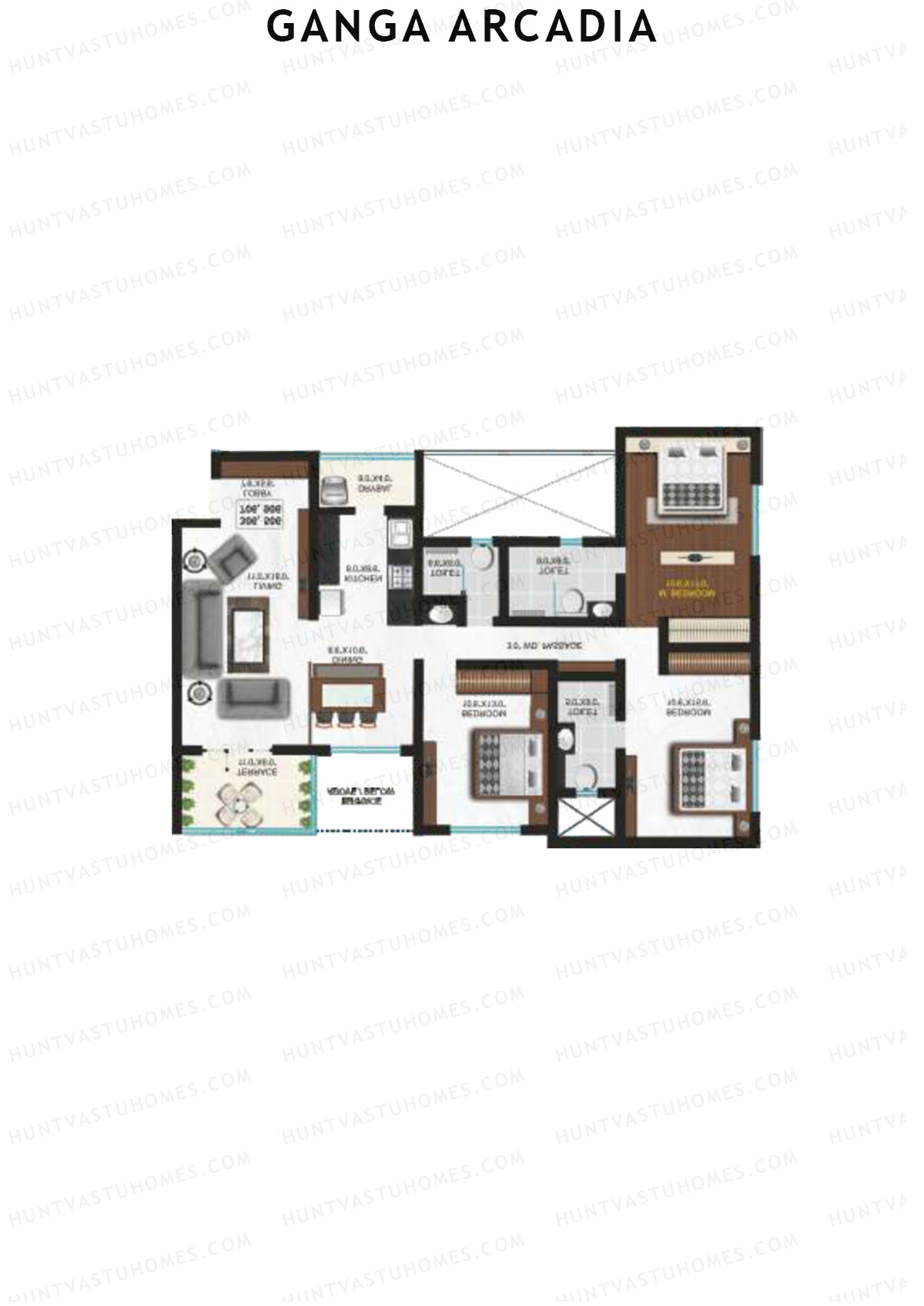 Ganga Arcadia, Tower B, Unit 7, 3BHK, Super Area 1529   sq ft 