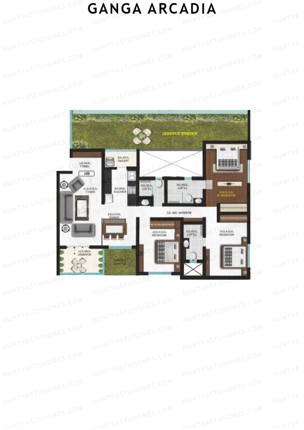 Ganga Arcadia, Tower B, Unit 7, 3BHK, Super Area 2036   sq ft 