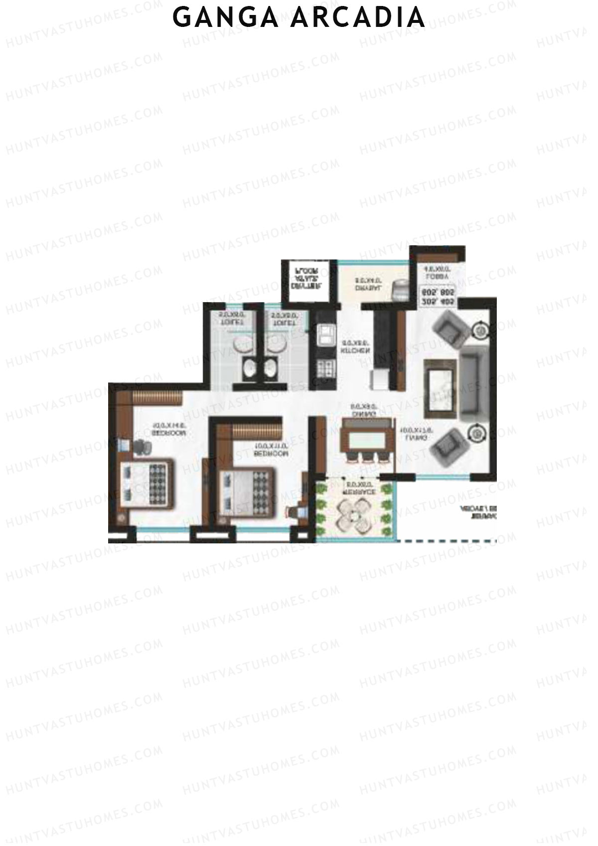 Ganga Arcadia, Tower B, Unit 8, 2BHK, Super Area 1047   sq ft 