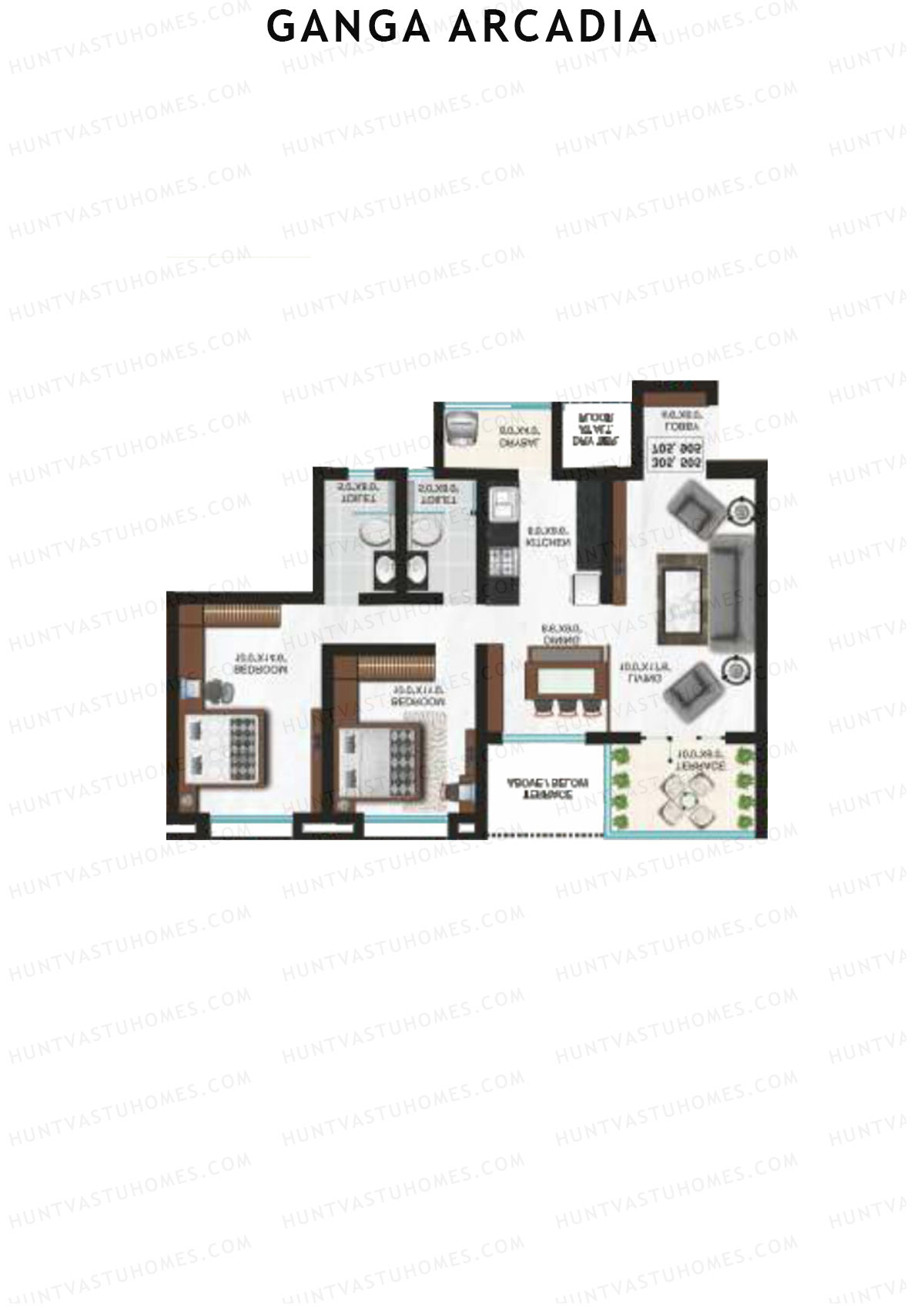 Ganga Arcadia, Tower B, Unit 8, 2BHK, Super Area 1062   sq ft 