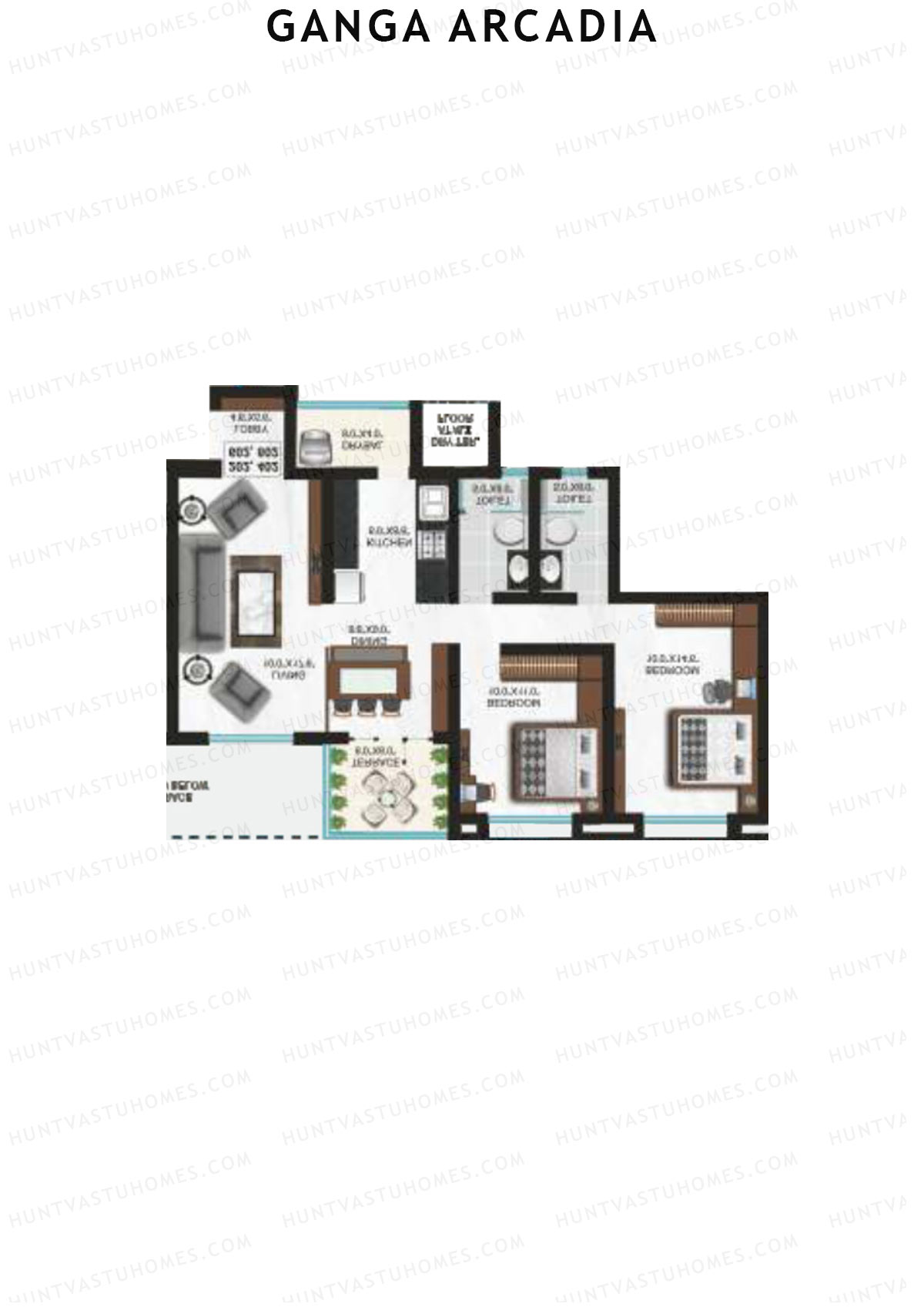 Ganga Arcadia, Tower B, Unit 9, 2BHK, Super Area 1043   sq ft 