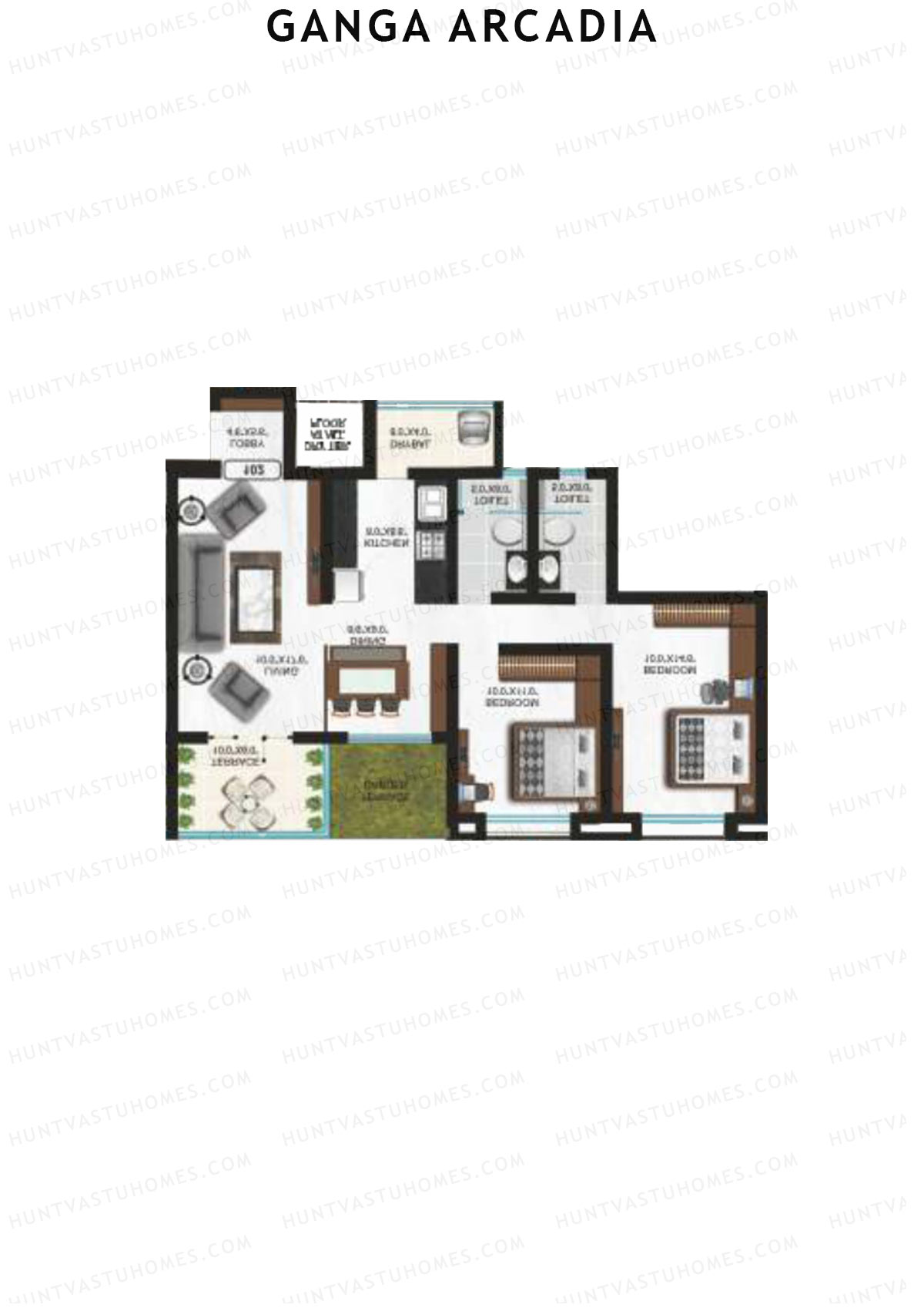 Ganga Arcadia, Tower B, Unit 9, 2BHK, Super Area 1121   sq ft 