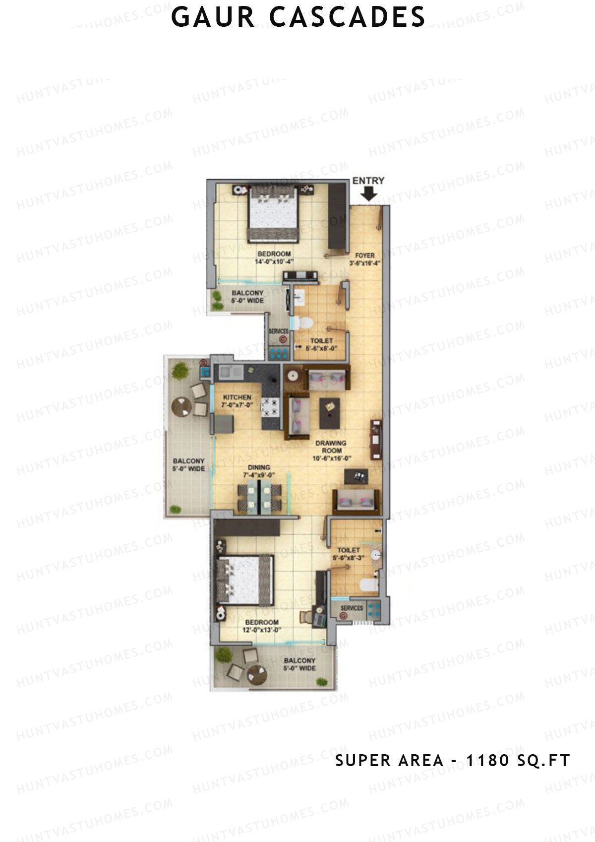 Gaur Cascades Tower H Unit 63 (Type M-II) Floor Plan