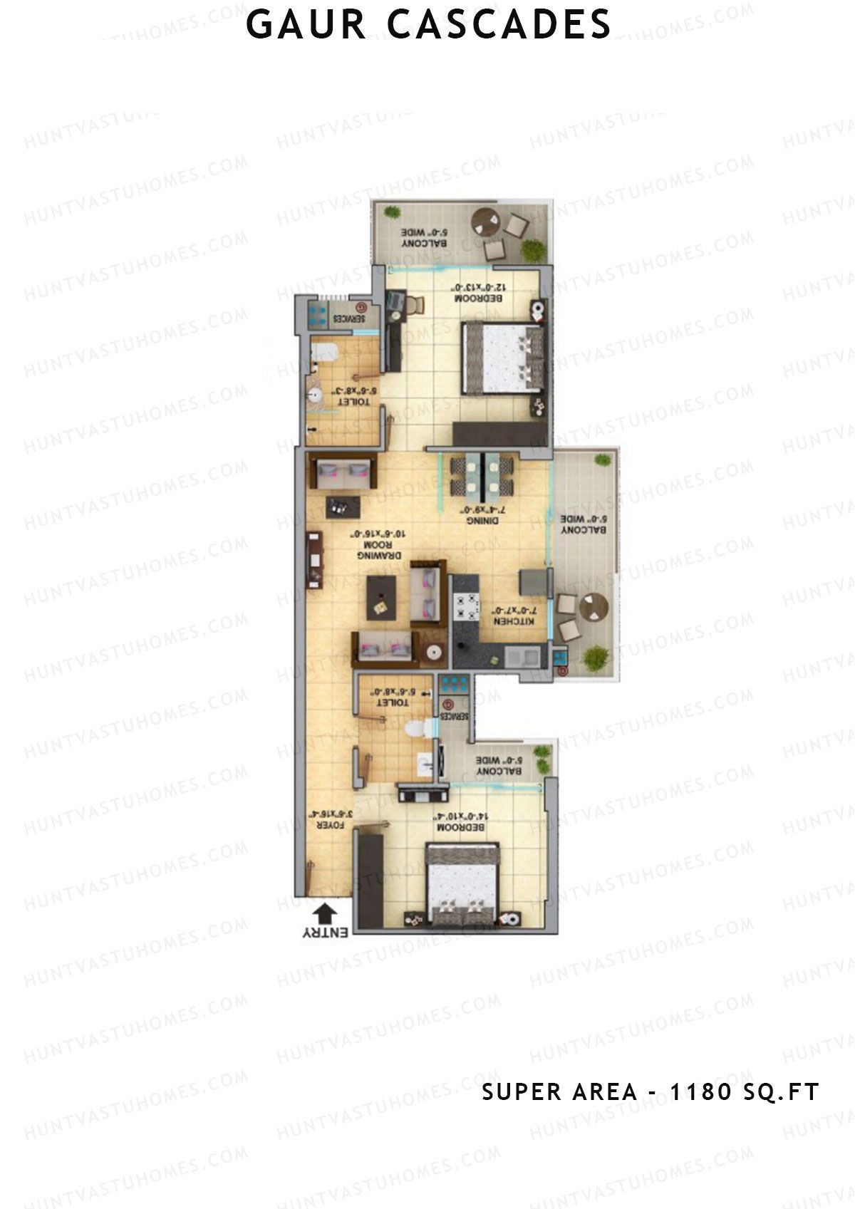 Gaur Cascades Tower H Unit 65 (Type M-II) Floor Plan