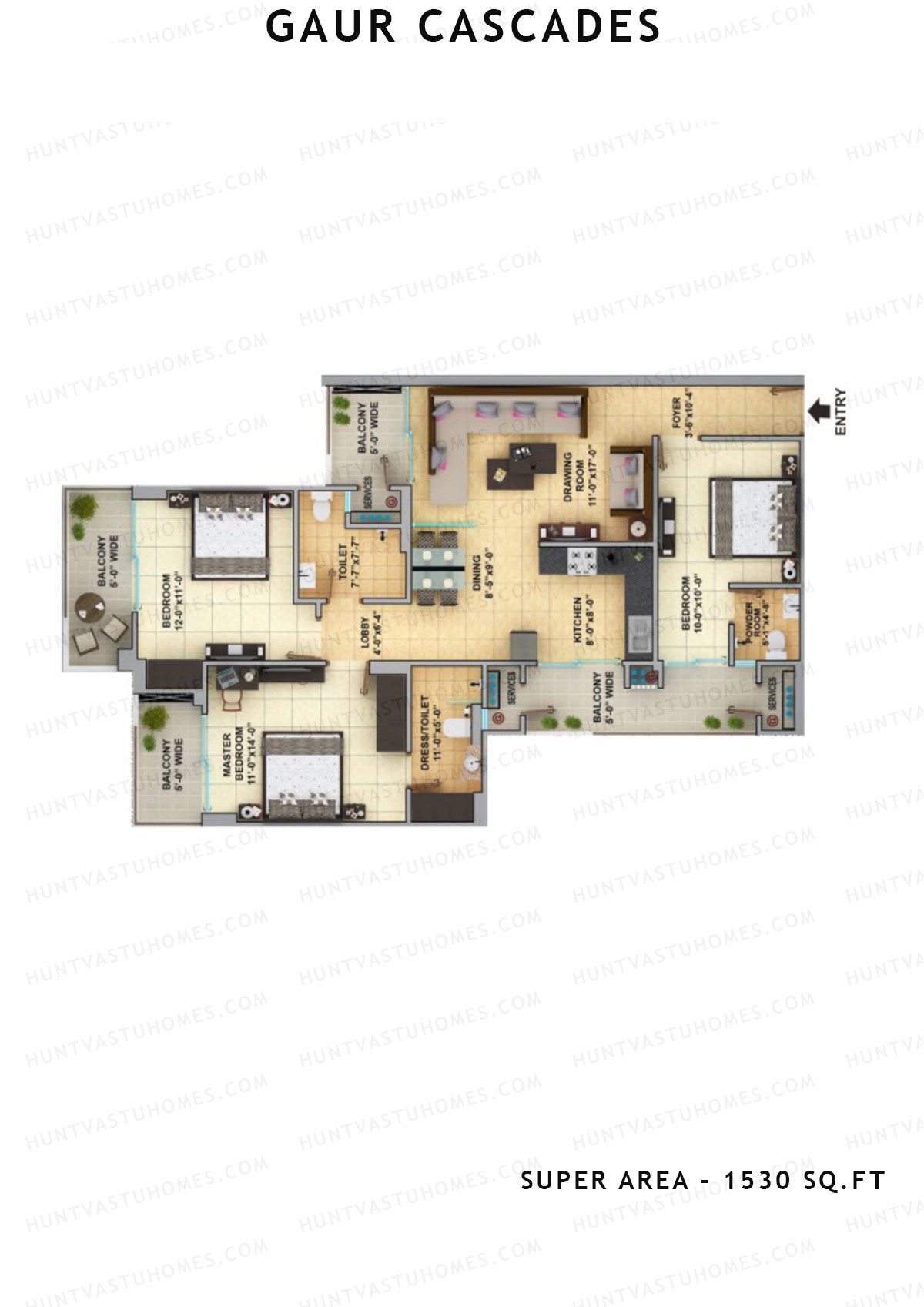 Gaur Cascades Tower E Unit 40 (Type S-IIIA) Floor Plan