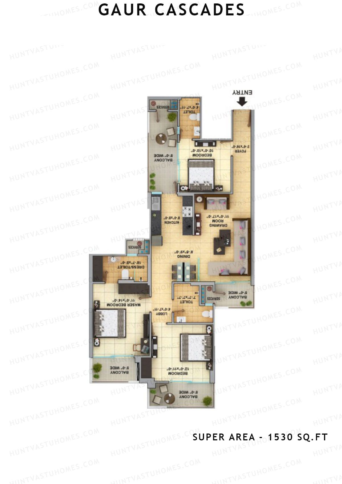 Gaur Cascades Tower H Unit 61 (Type S-IIIB) Floor Plan
