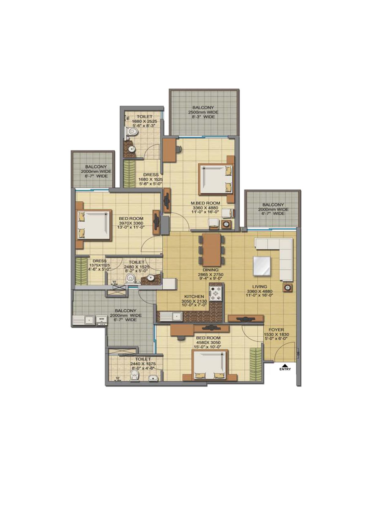 Gaur Sports Wood Tower G Unit 26, Type S3 Floor Plan