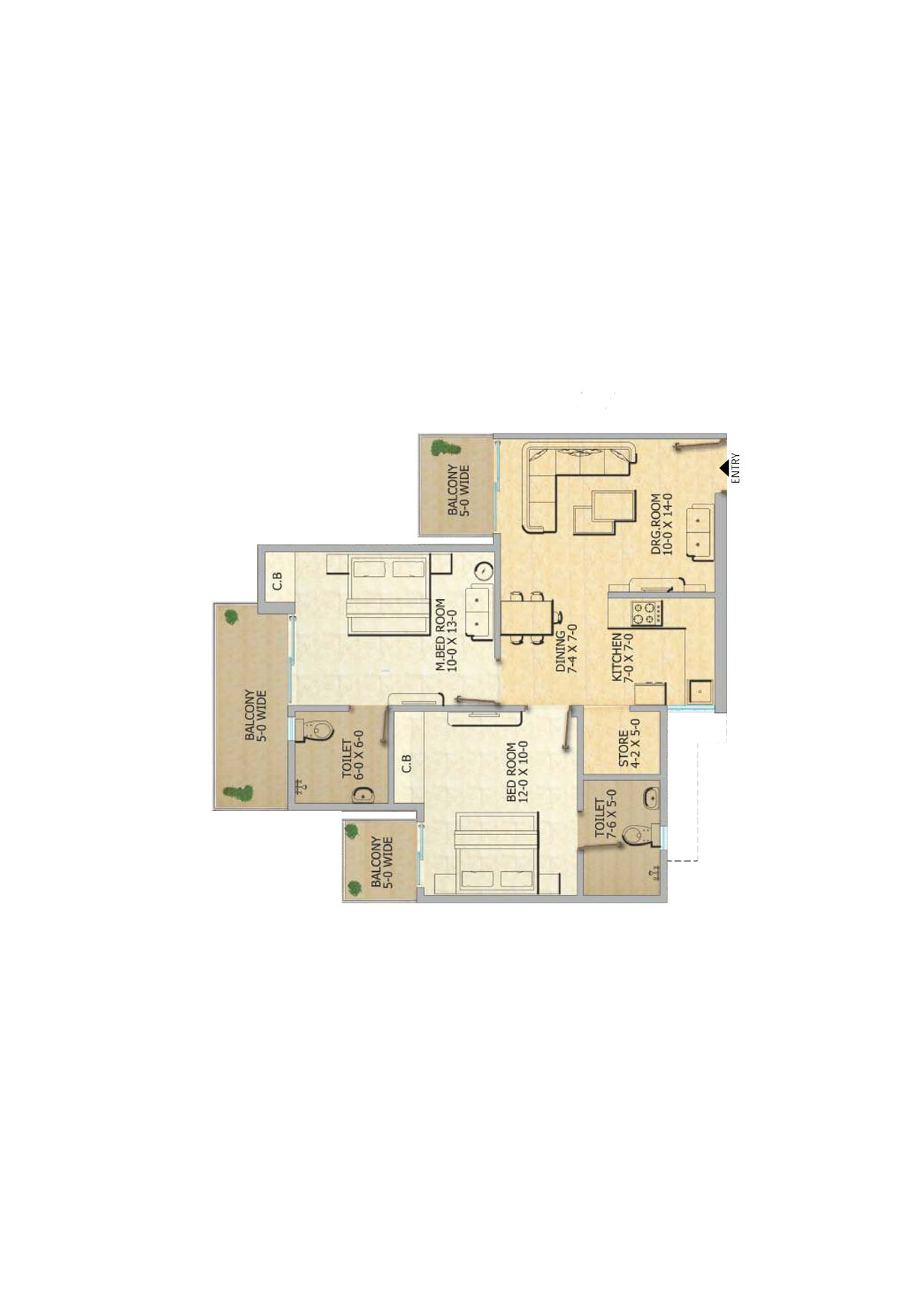 Gaur 12Th Avenue, Tower D, Unit 24, 2BHK, Super Area 1055   sq ft 