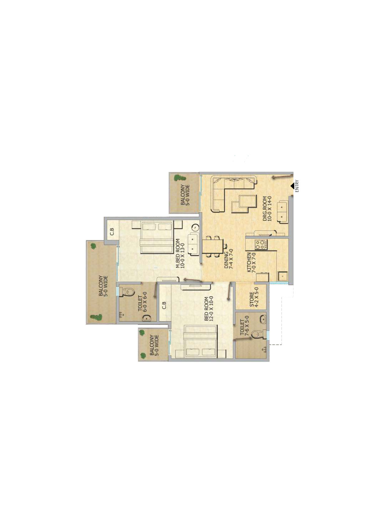 Gaur 12Th Avenue, Tower E, Unit 32, 2BHK, Super Area 1055   sq ft 