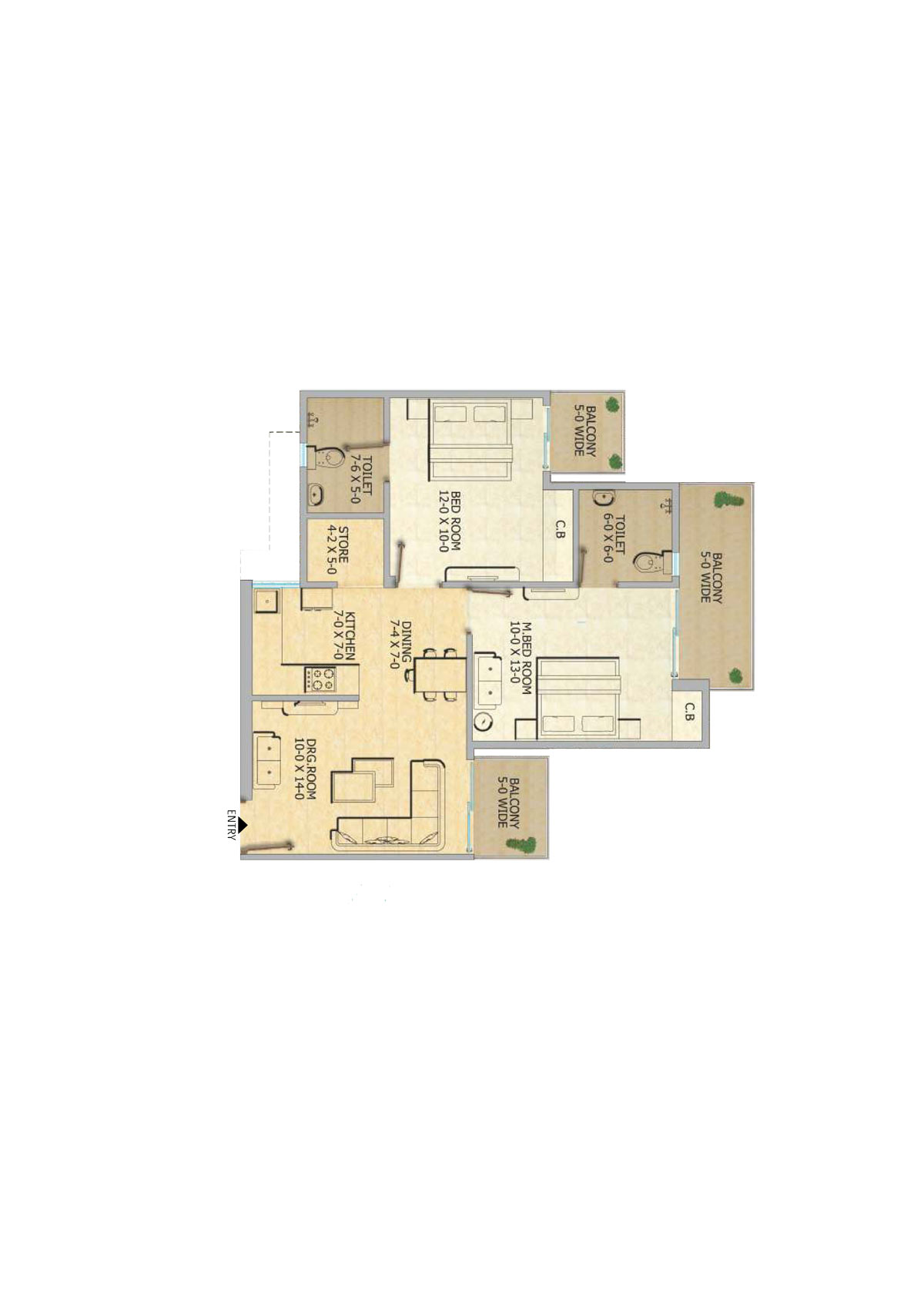 Gaur 12Th Avenue, Tower E, Unit 34, 2BHK, Super Area 1055   sq ft 