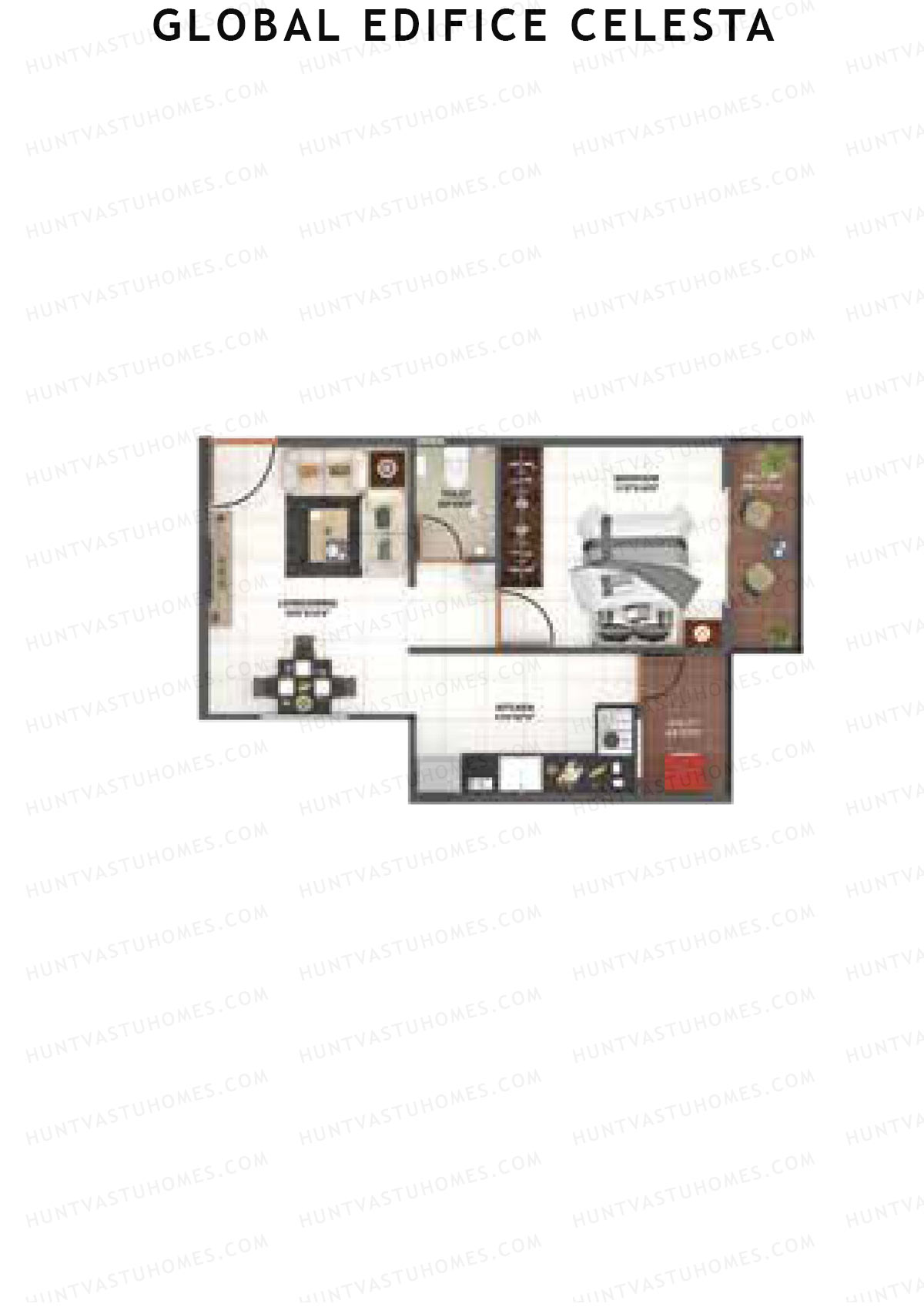 Global Edifice Celesta, Block C, Unit 11 (Type 1), 1BHK, Super Area 624   sq ft 