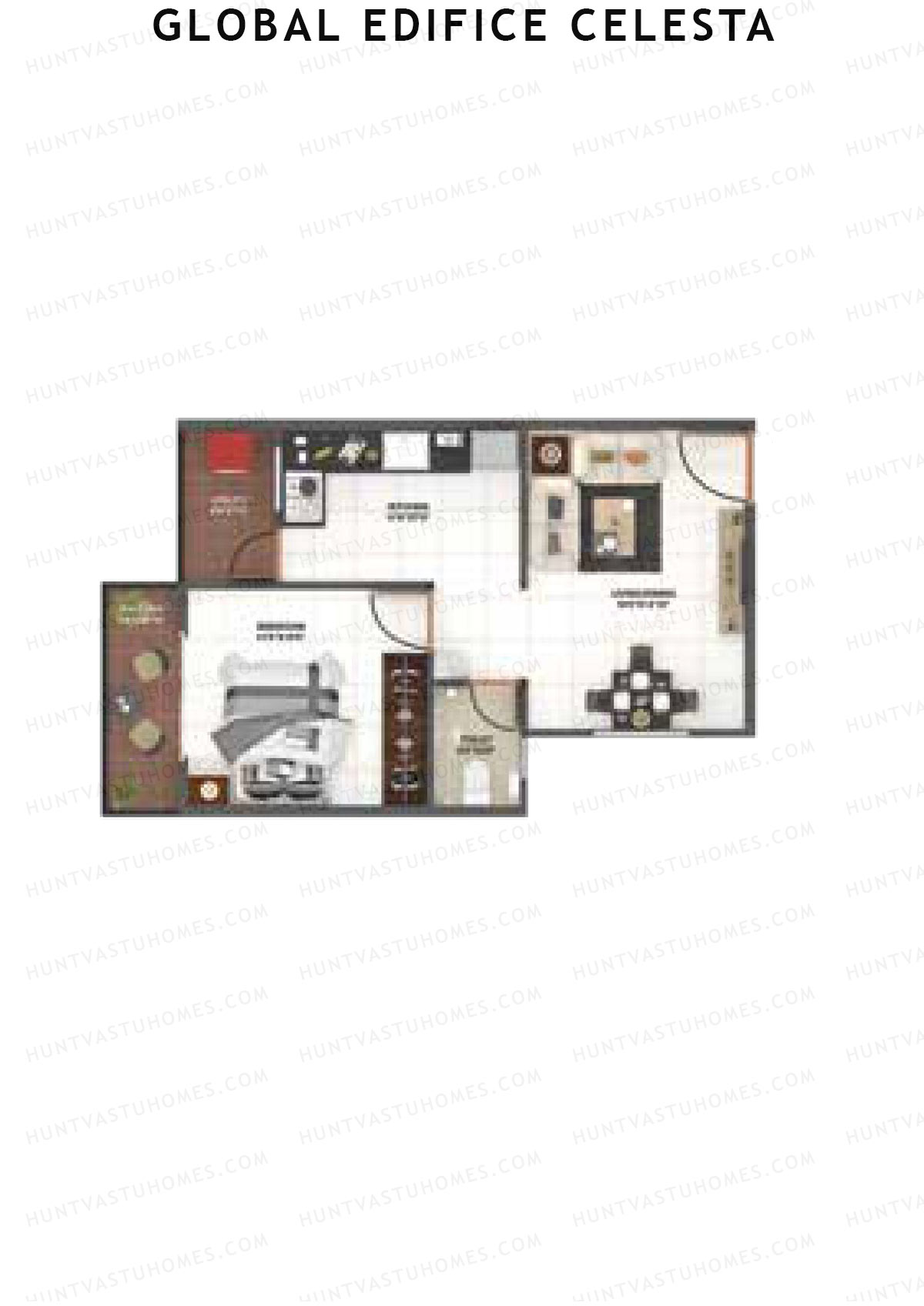 Global Edifice Celesta, Block C, Unit 14 (Type 2), 1BHK, Super Area 632   sq ft 