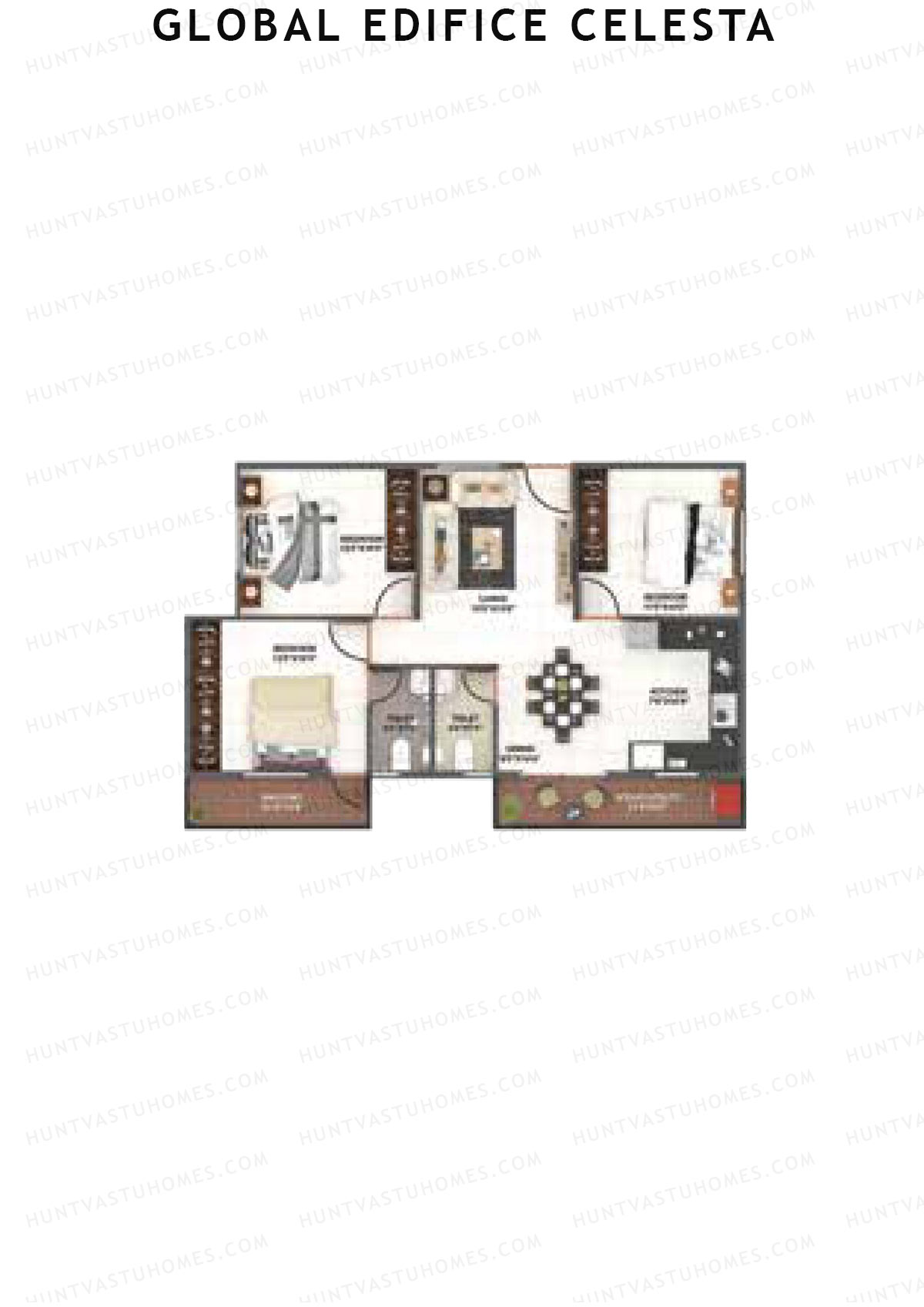 Global Edifice Celesta, Block D, Unit 3 (Type 1), 3BHK, Super Area 1187   sq ft 