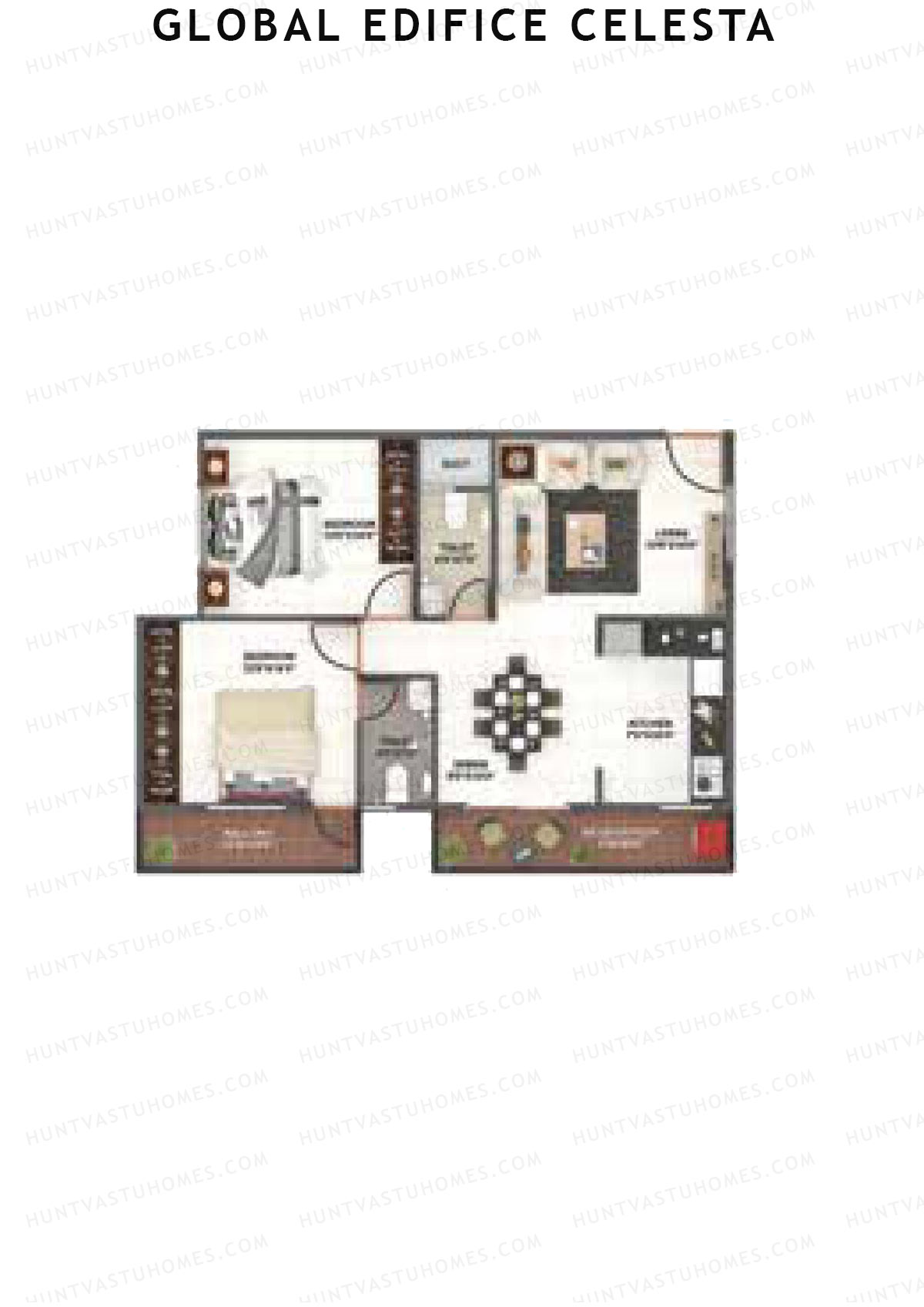 Global Edifice Celesta, Block F, Unit 3 (Type 4), 2BHK, Super Area 1038   sq ft 