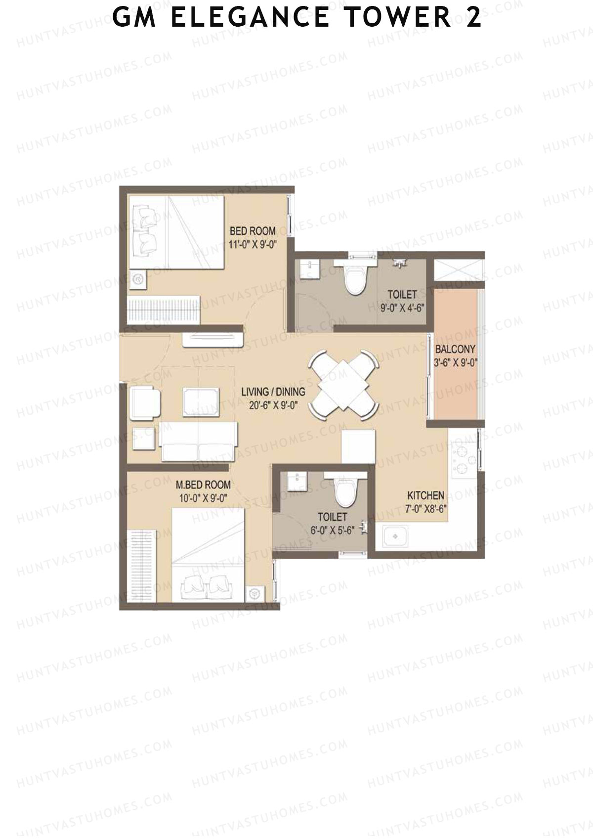 GM Elegance Tower 2, Tower 2, Unit 22 (Type 2), 2BHK, Super Area 800   sq ft 