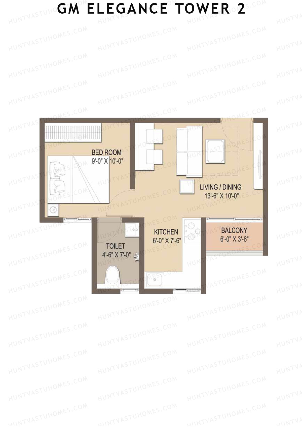 GM Elegance Tower 2, Tower 2, Unit 27 (Type 1), 1BHK, Super Area 500   sq ft 