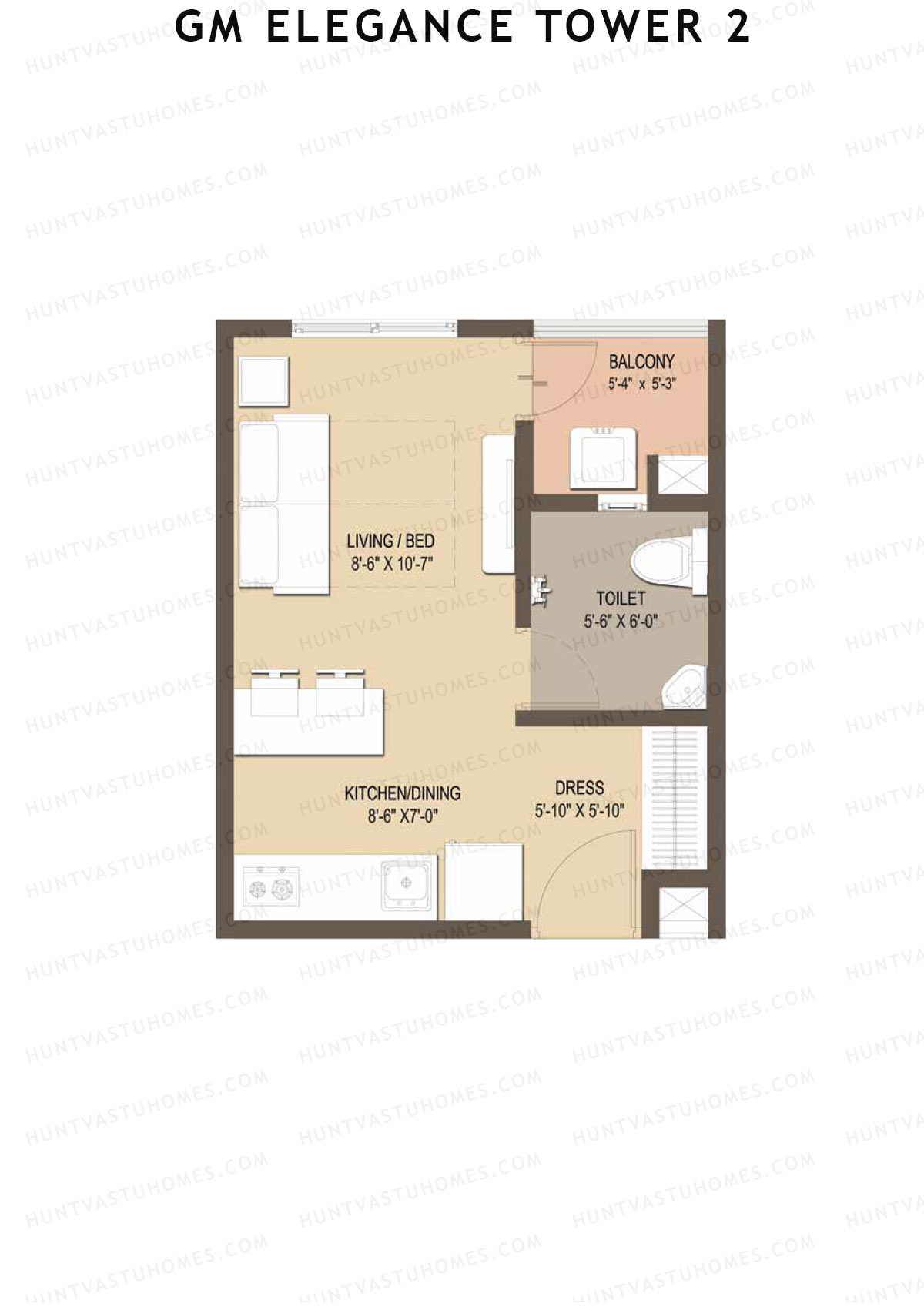 GM Elegance Tower 2, Tower 2, Unit 37 (Type 1), 1BHK, Super Area 365   sq ft 
