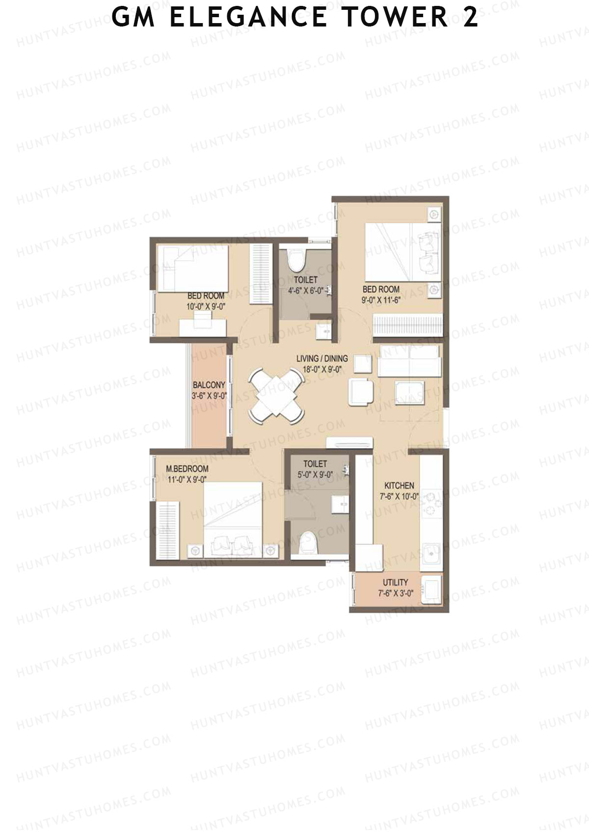 GM Elegance Tower 2, Tower 2, Unit 38 (Type 3), 3BHK, Super Area 900   sq ft 