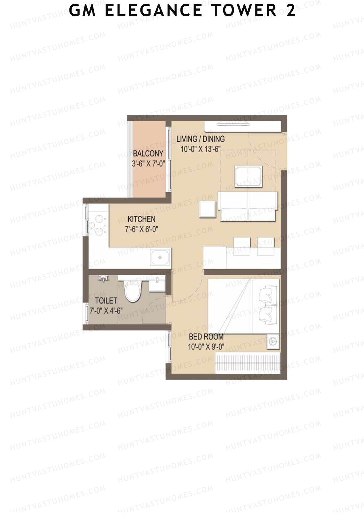 GM Elegance Tower 2, Tower 2, Unit 3 (Type 1), 1BHK, Super Area 500   sq ft 