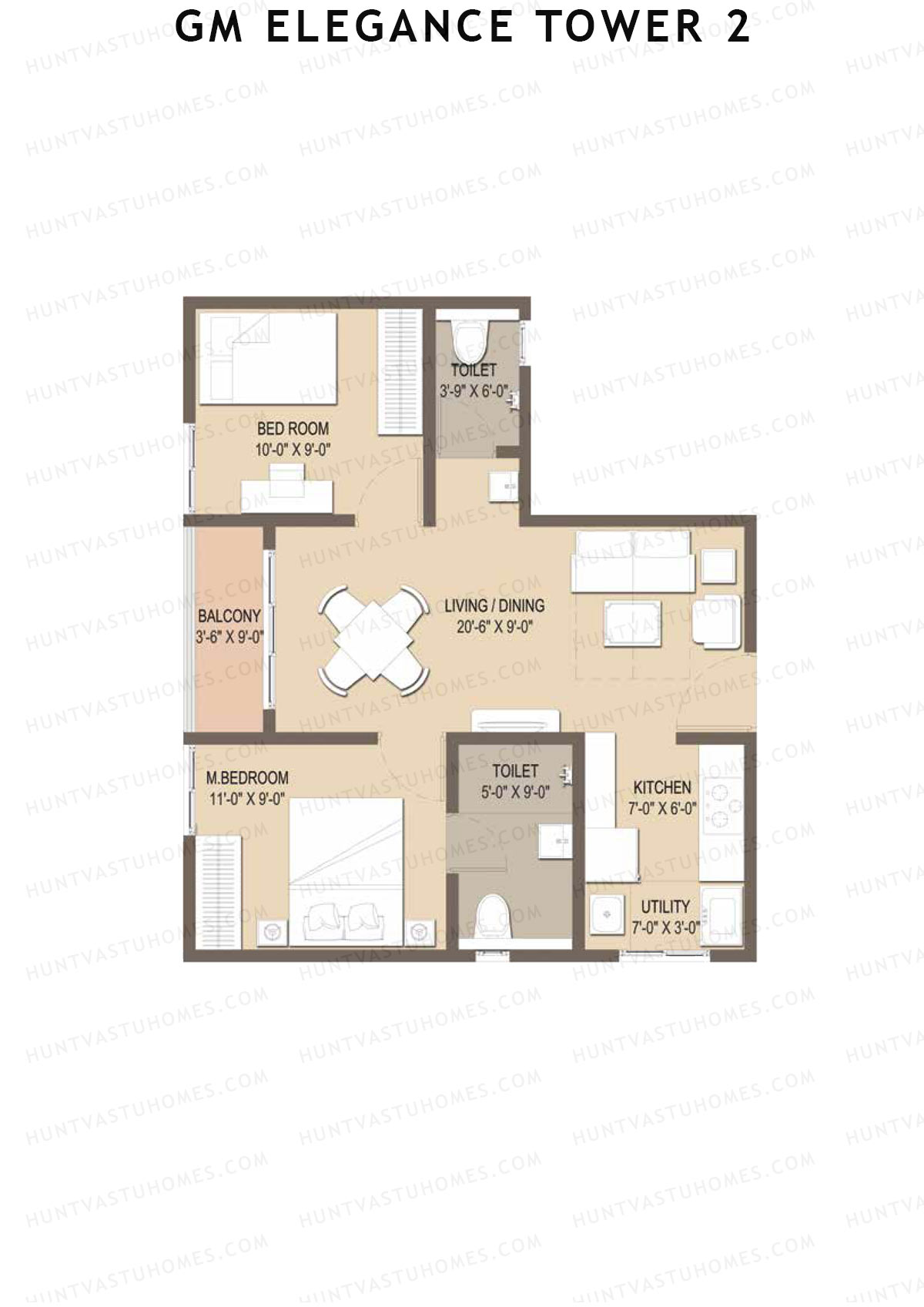 GM Elegance Tower 2, Tower 2, Unit 41 (Type 2), 2BHK, Super Area 825   sq ft 