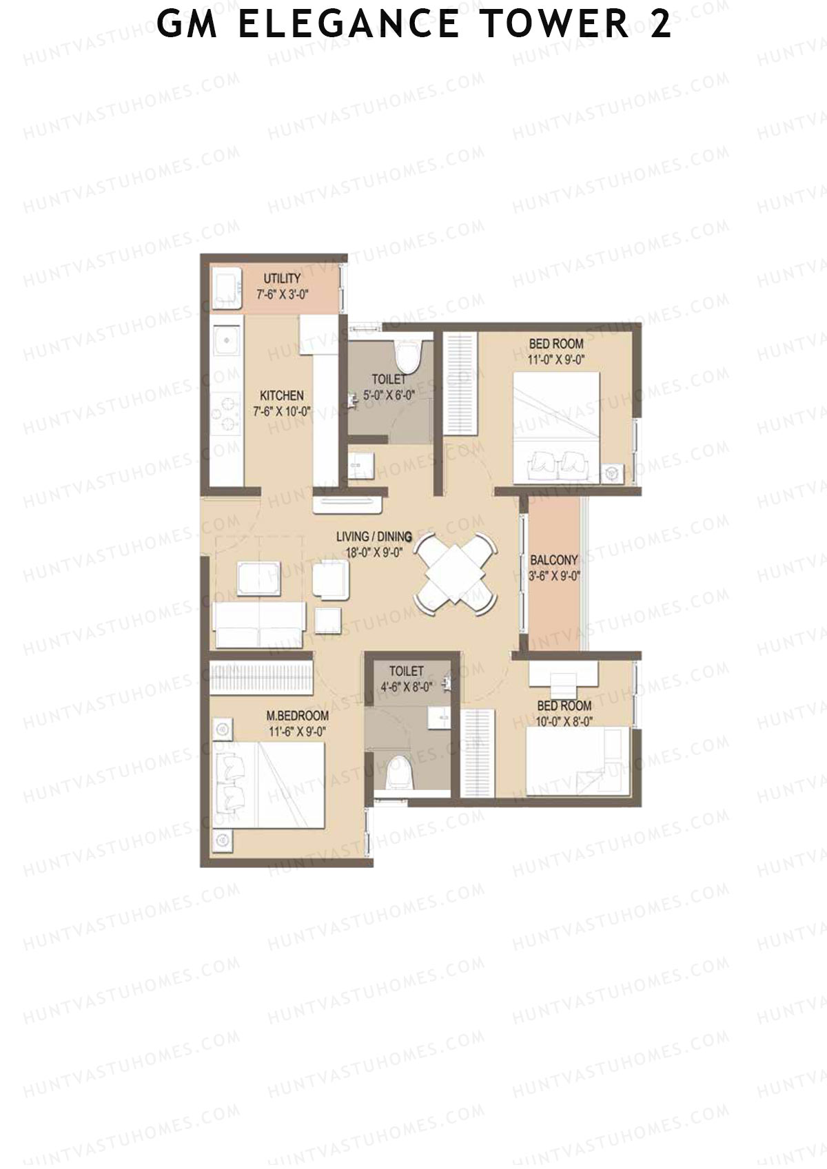 GM Elegance Tower 2, Tower 2, Unit 6 (Type 3), 3BHK, Super Area 990   sq ft 