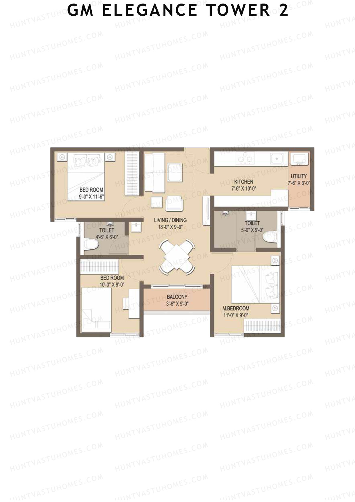 GM Elegance Tower 2, Tower 2, Unit 8 (Type 3), 3BHK, Super Area 900   sq ft 