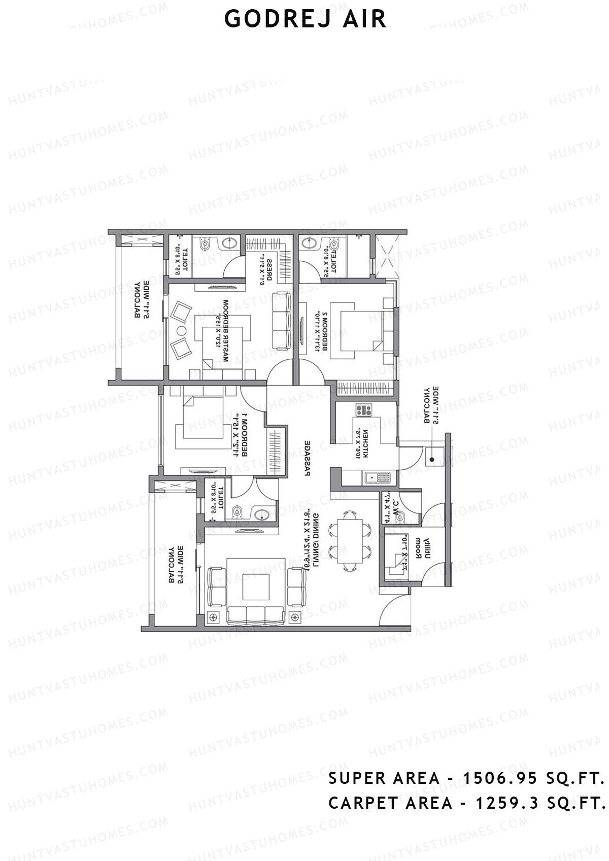Godrej Air Tower A1 Unit 4 (Type 1-3bhk+utility) Floor Plan
