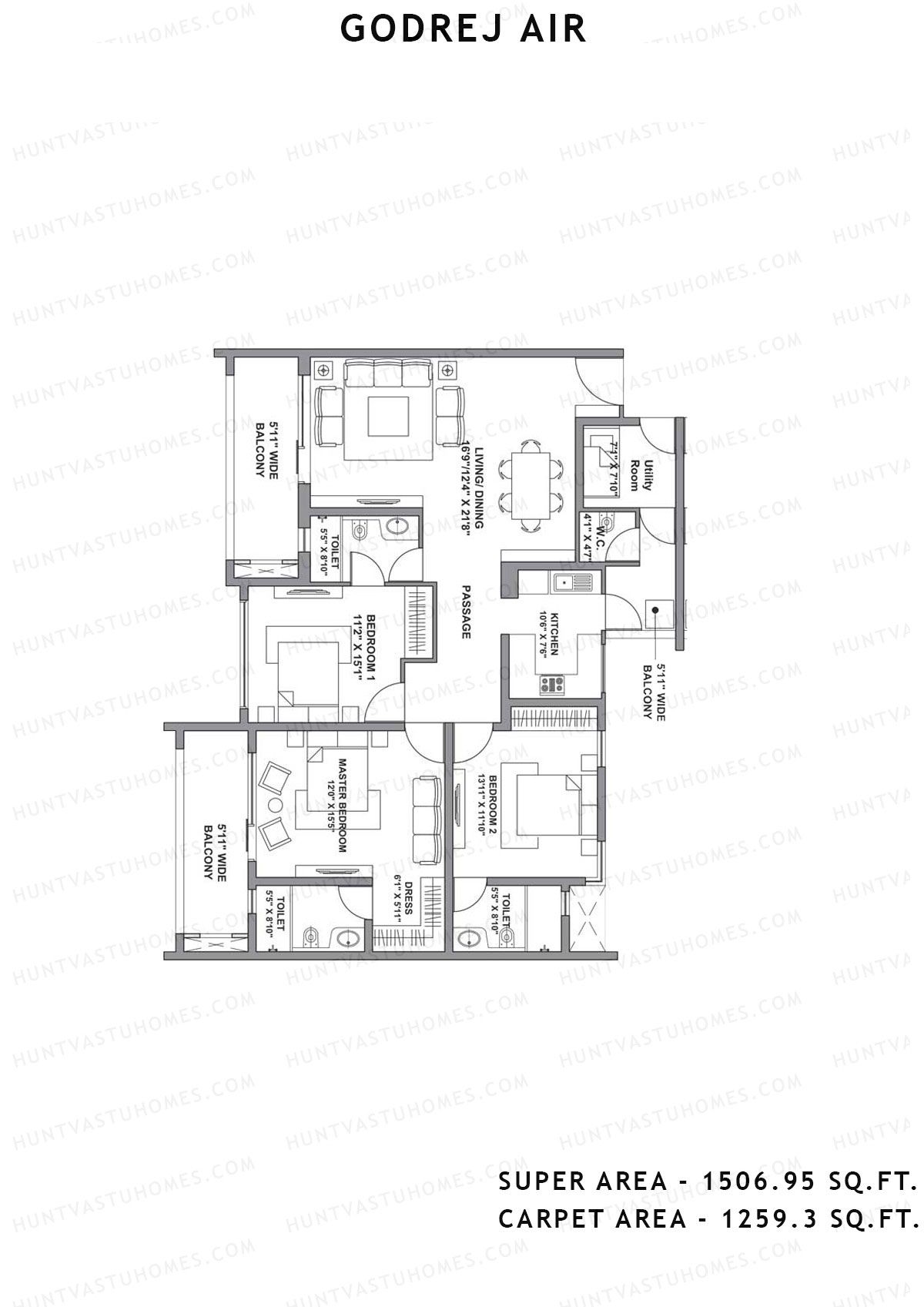 Godrej Air Tower A2 Unit 3 (Type 1-3bhk+utility) Floor Plan