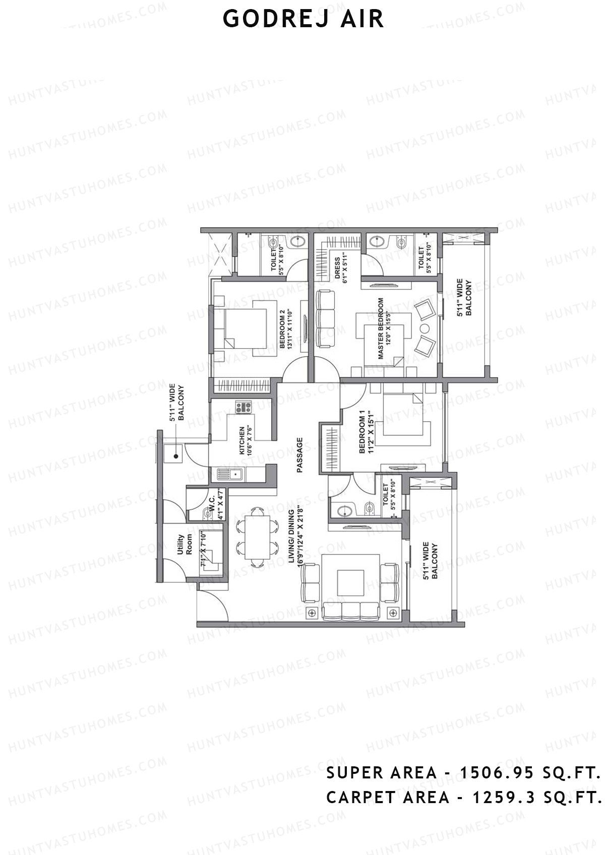 Godrej Air Tower A4 Unit 3 (Type 1-3bhk+utility) Floor Plan