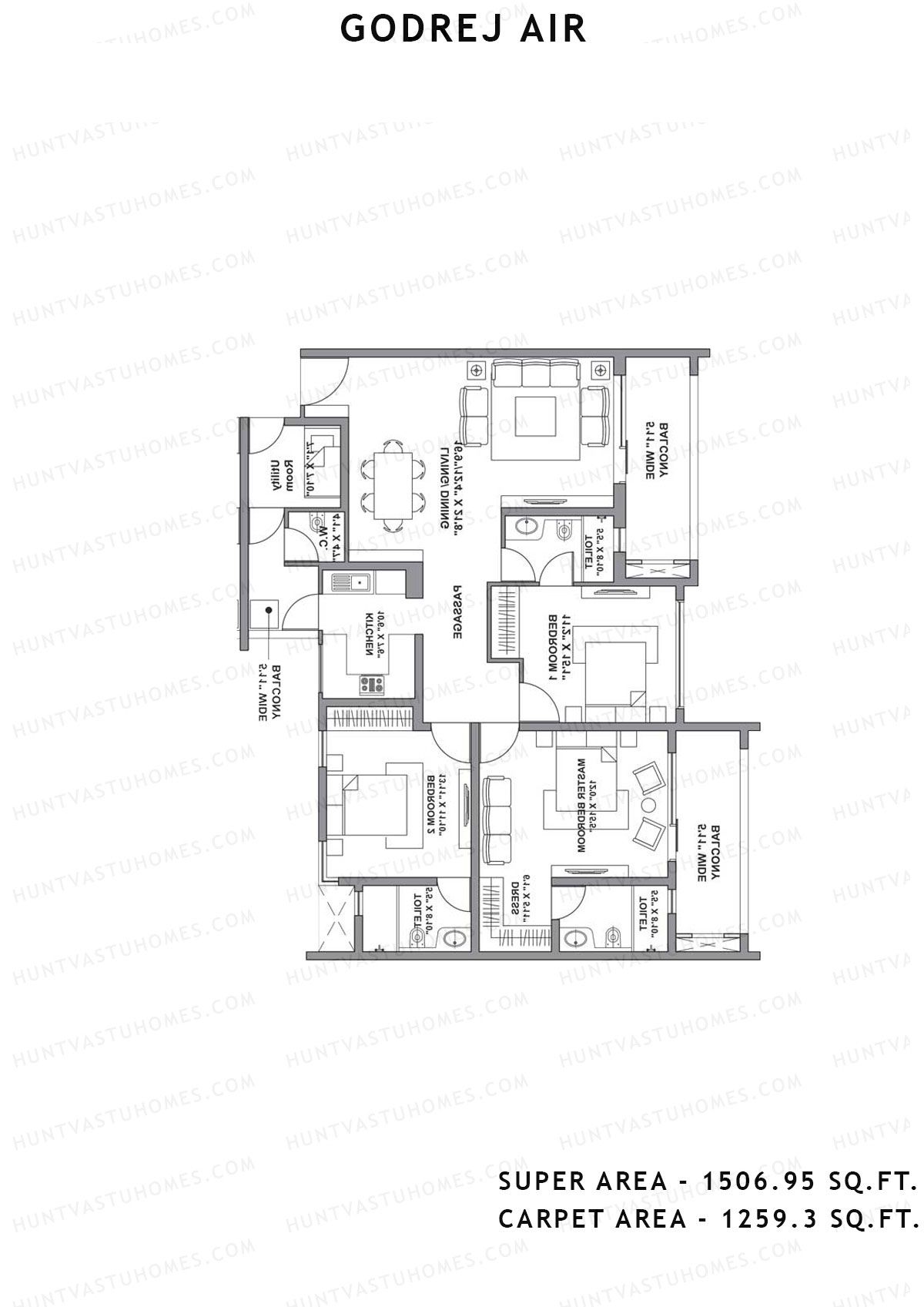 Godrej Air Tower A4 Unit 4 (Type 1-3bhk+utility) Floor Plan